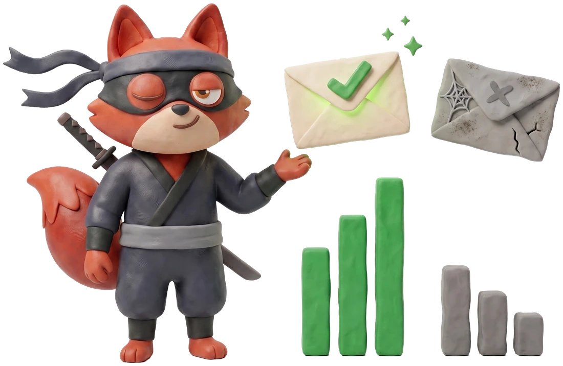 Verifox clay fox presenting two clay envelopes: a glowing green ticked one over tall green bars, and a dusty cracked grey one over stub bars.