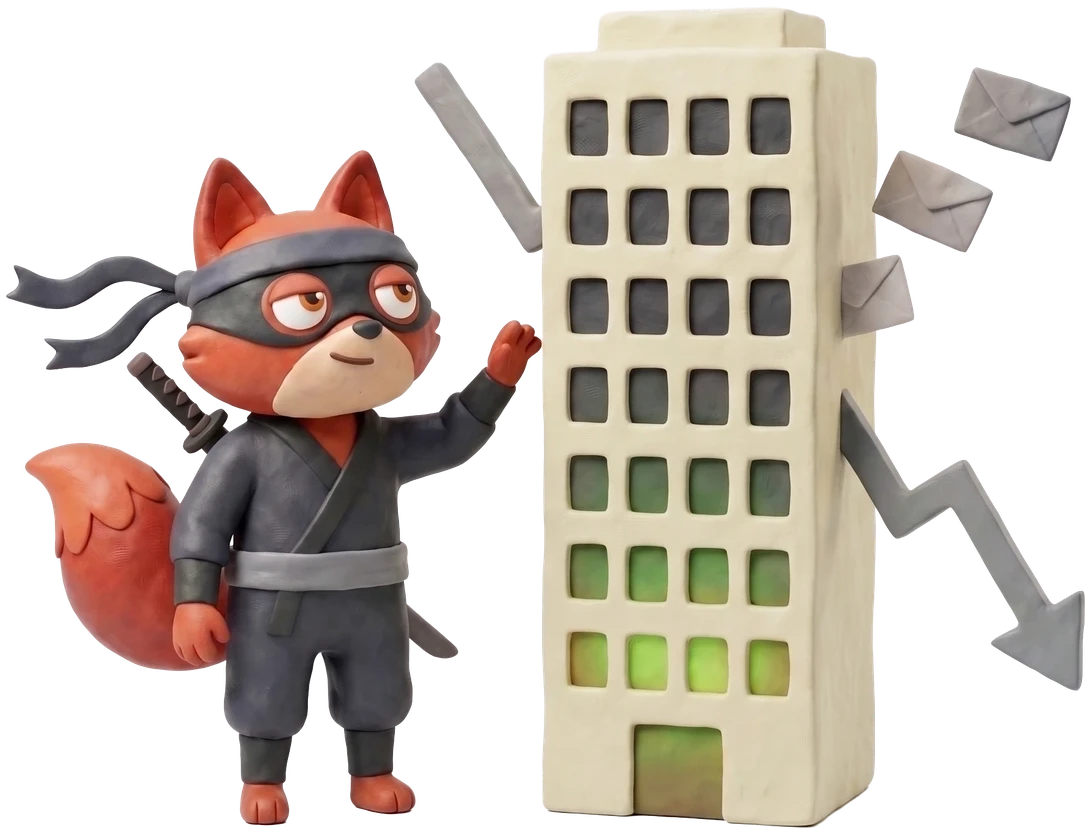 Verifox clay fox looking up at a clay office tower going dark floor by floor, envelopes fading away beside a falling clay chart arrow.
