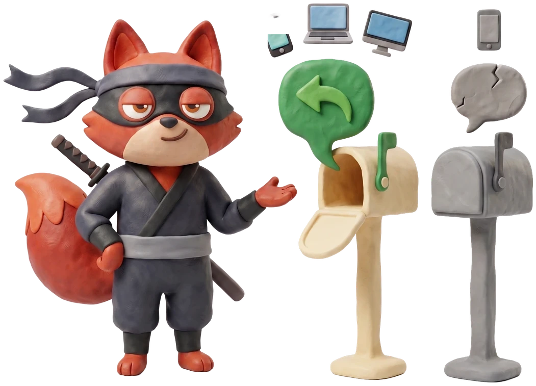 Verifox clay fox comparing a live clay mailbox with a green reply bubble and three device icons against a shut grey mailbox with one cracked empty bubble.