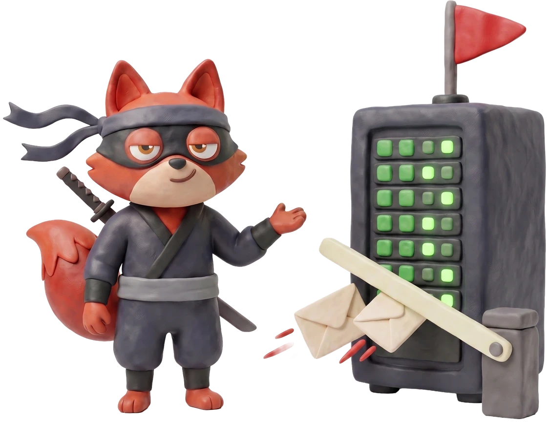 Claymation prop: a clay mail server tower with a red flagged marker beside a closed clay gate.