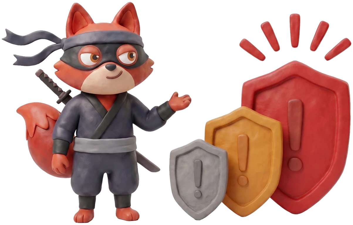 Claymation prop: three clay warning shields of rising size in grey, amber, and red.