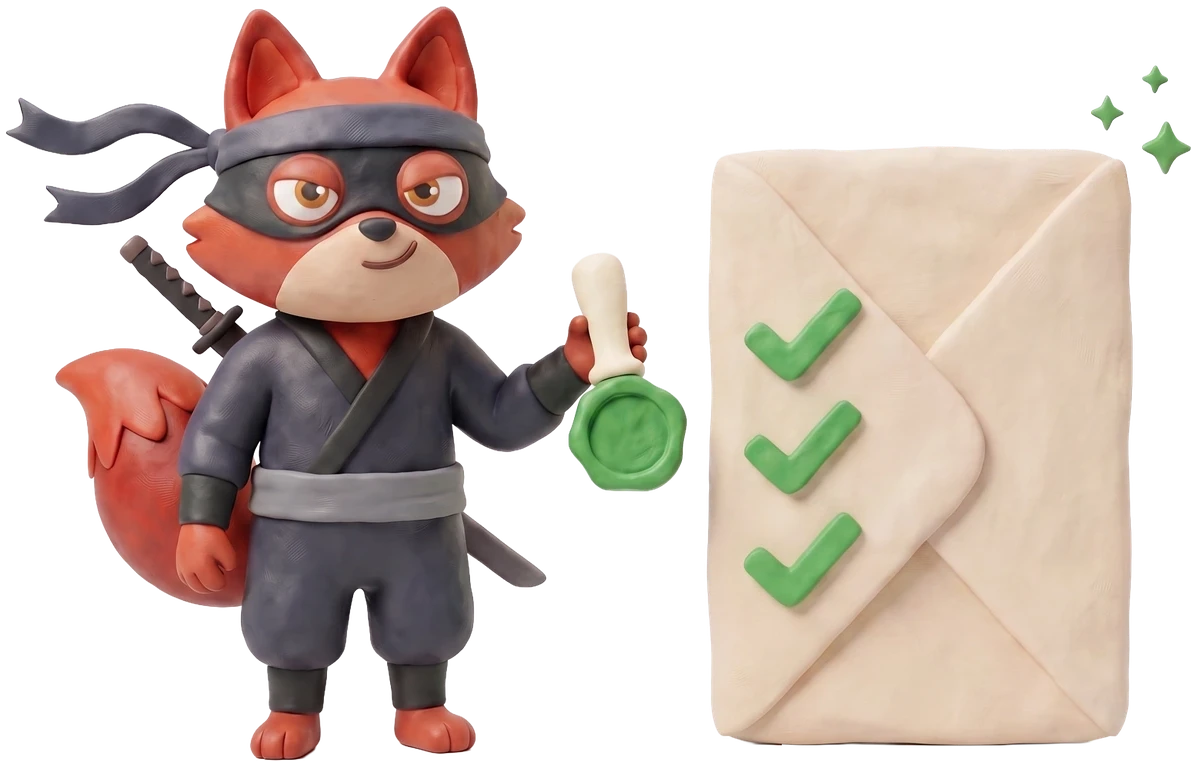 Verifox clay fox holding up a green clay seal of approval beside three stamped clay authentication tags.