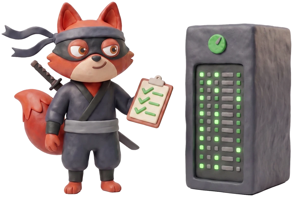 Verifox clay fox inspecting a clay mail-server stack with green pipes and a clay compliance checklist.