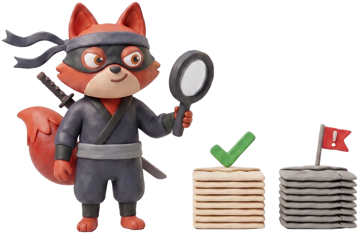 Verifox clay fox sorting clay envelopes into a clean green pile and a flagged grey pile beside a clay magnifier.