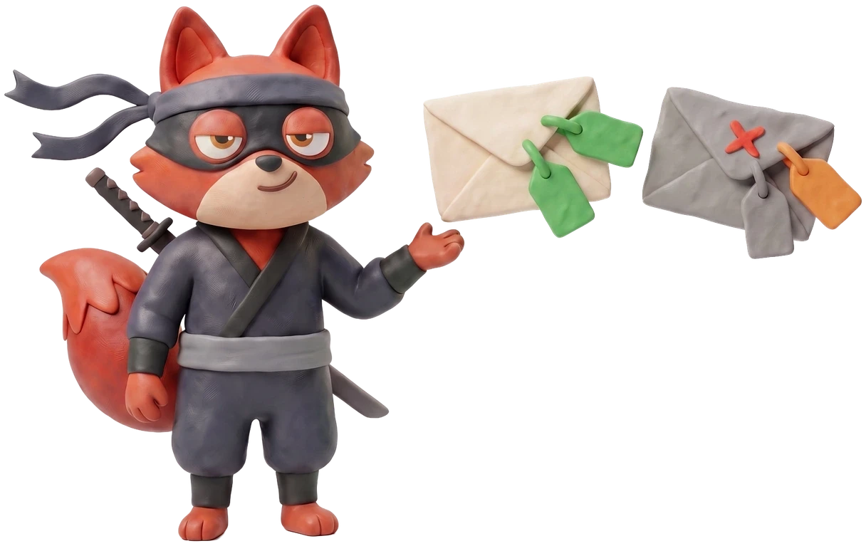 Verifox clay fox holding two clay envelopes side by side, one with matching green domain tags and one with mismatched tags.