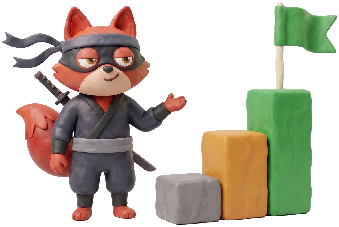 Verifox clay fox beside a three-step clay staircase rising from grey to amber to green, with a green flag at the top.