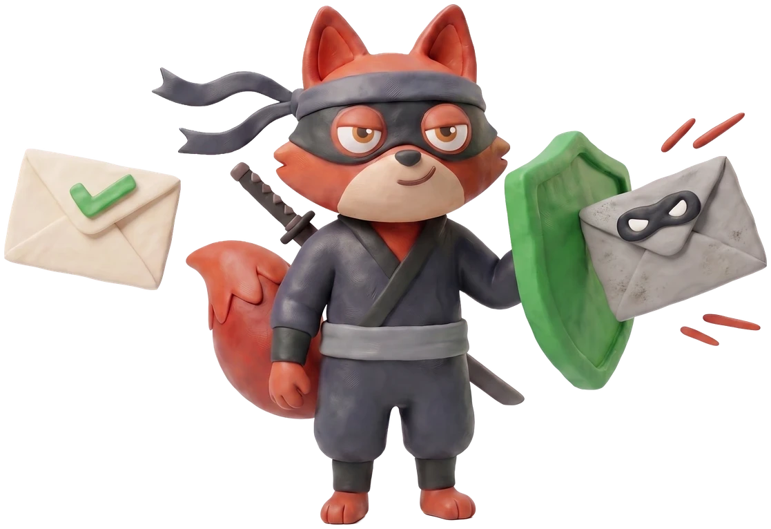 Verifox clay fox holding a green clay shield between a masked clay impostor envelope and a harmless forwarded one.