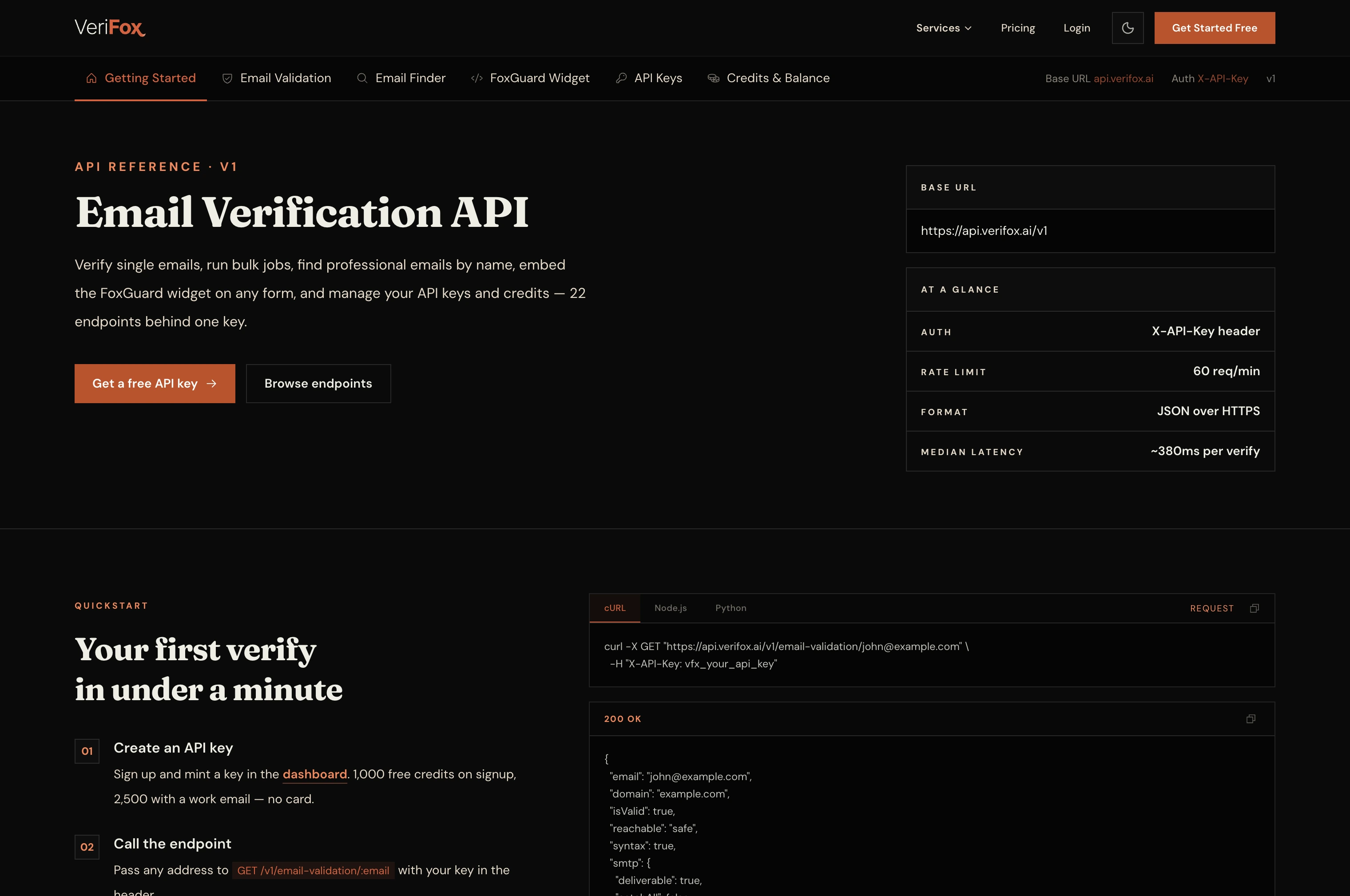 Verifox API dashboard: usage stat tiles, a calls-over-time chart, and a table of API keys with copy-ready code snippets.