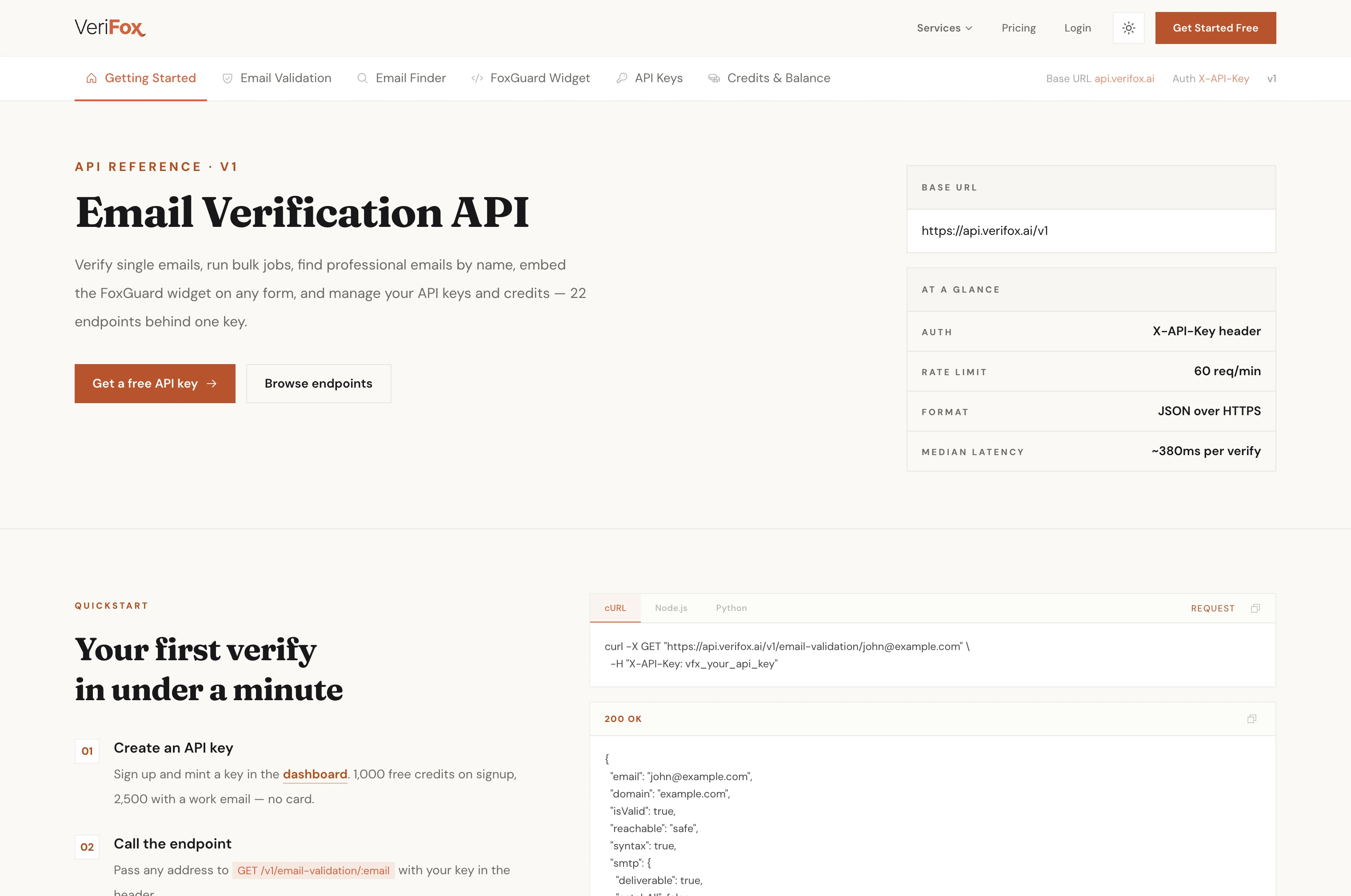 Verifox API dashboard: usage stat tiles, a calls-over-time chart, and a table of API keys with copy-ready code snippets.