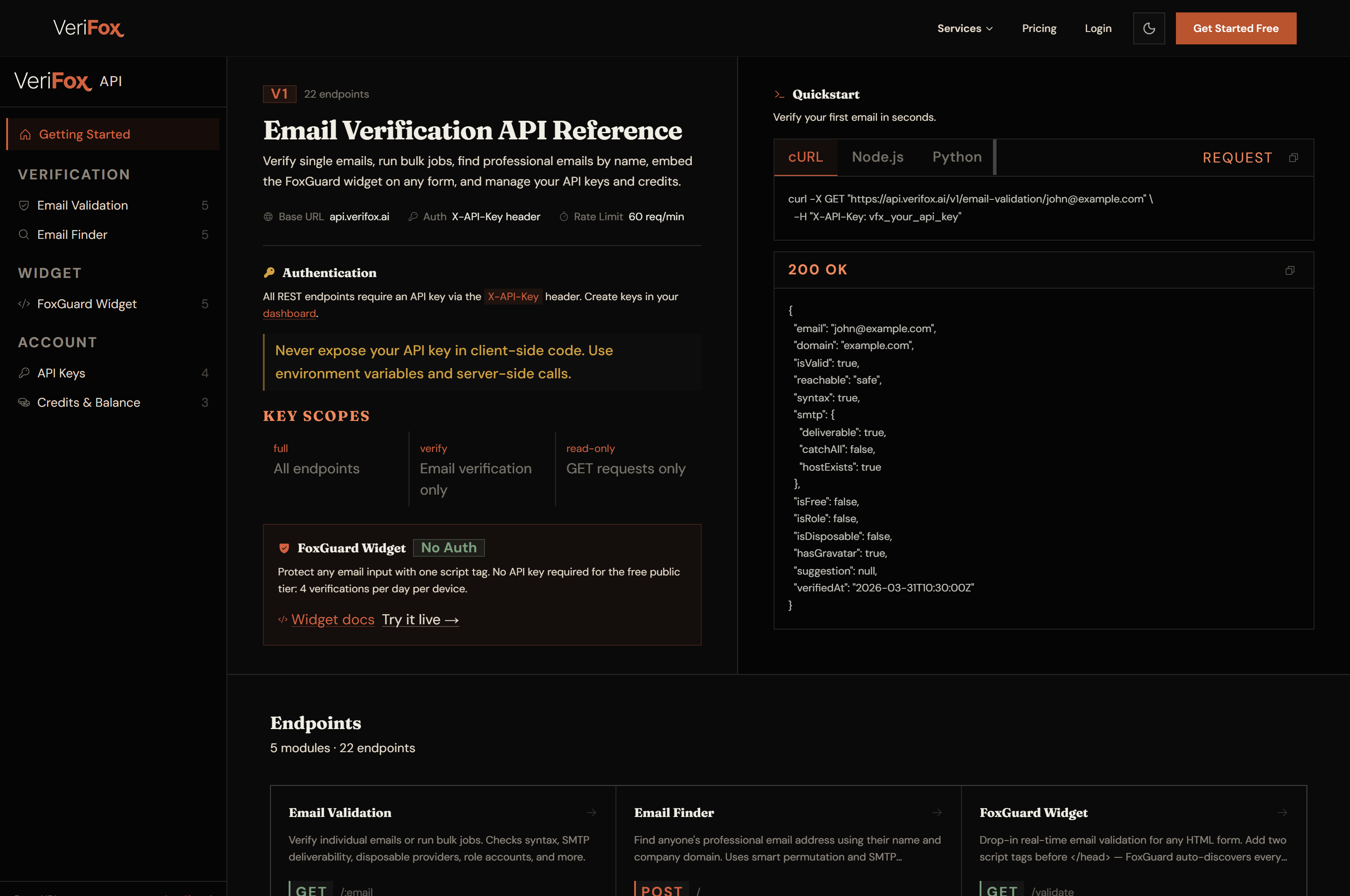 Verifox API dashboard: usage stat tiles, a calls-over-time chart, and a table of API keys with copy-ready code snippets.