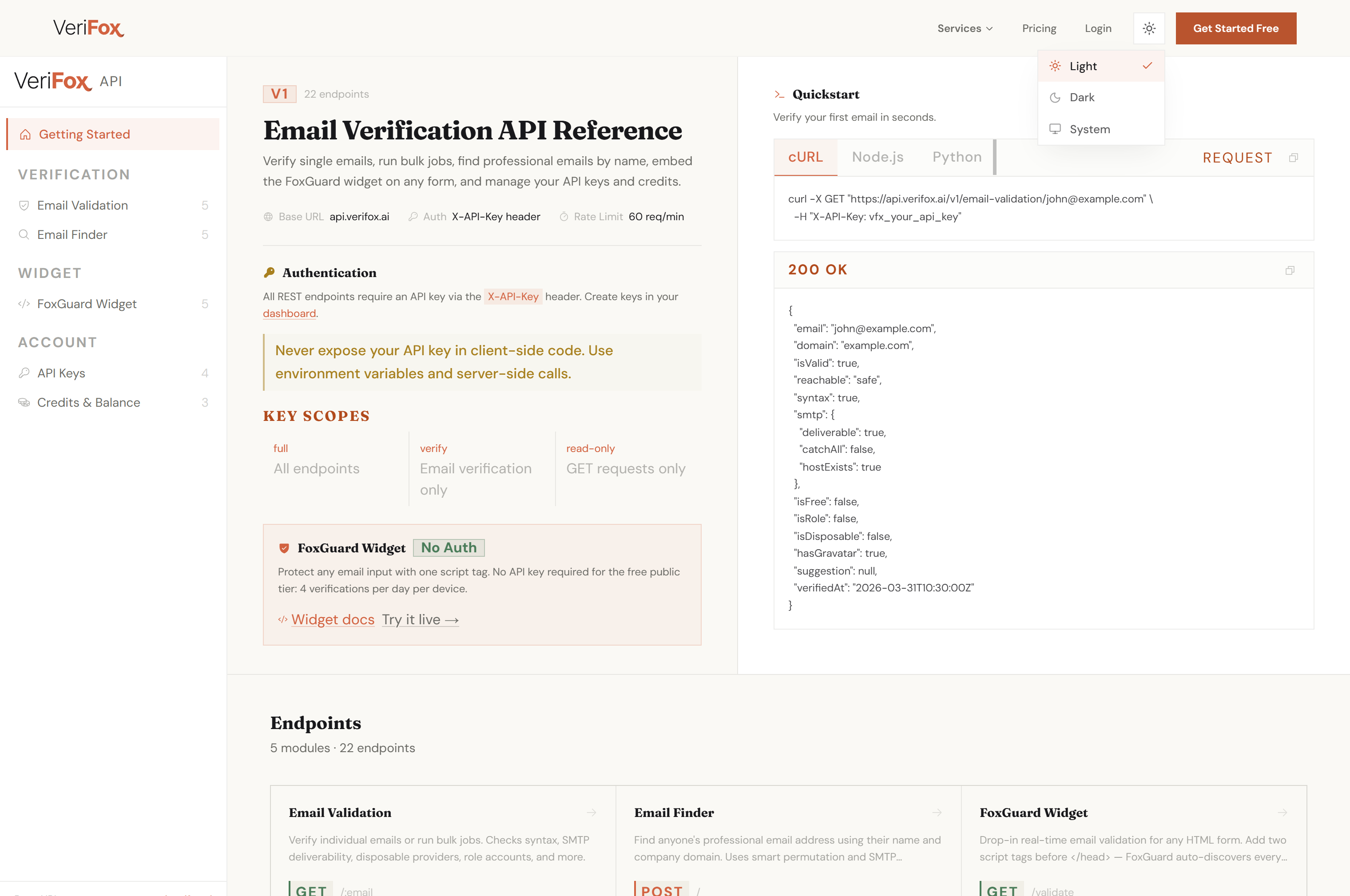 Verifox API dashboard: usage stat tiles, a calls-over-time chart, and a table of API keys with copy-ready code snippets.