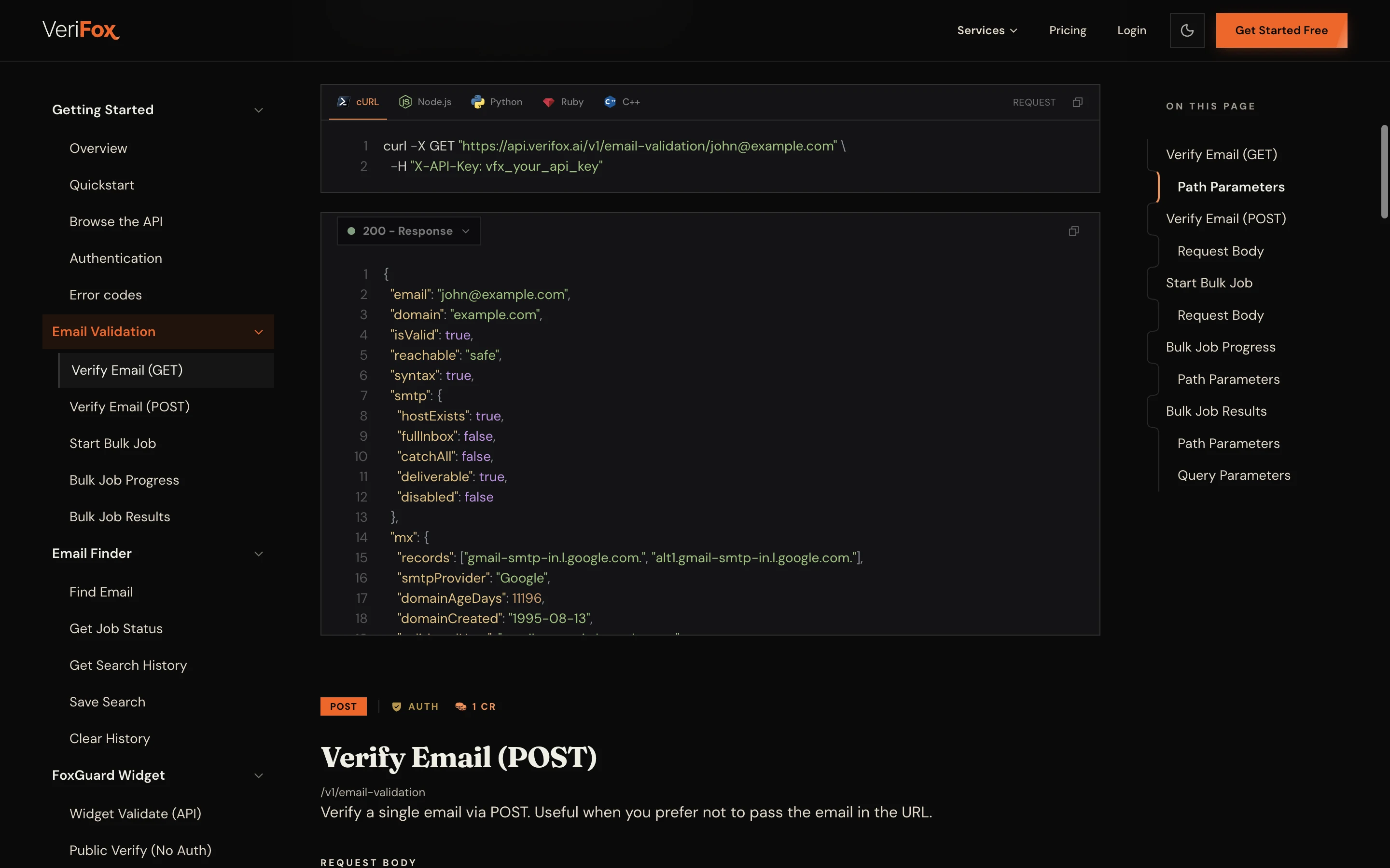 Verifox API reference: the Verify Email (GET) endpoint with a copy-ready cURL request, tabs for Node.js, Python, Ruby and C++, and the JSON response.