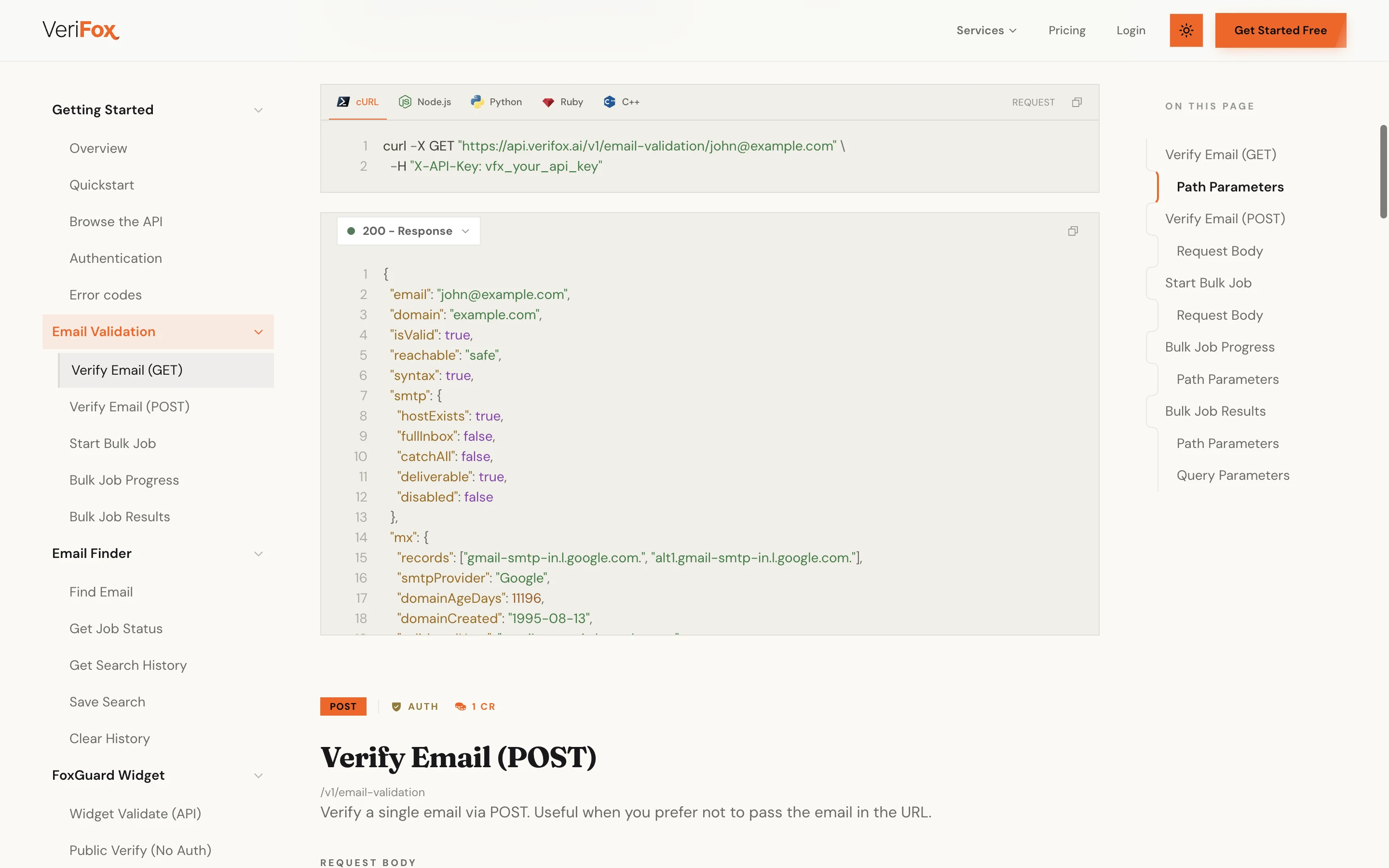 Verifox API reference: the Verify Email (GET) endpoint with a copy-ready cURL request, tabs for Node.js, Python, Ruby and C++, and the JSON response.