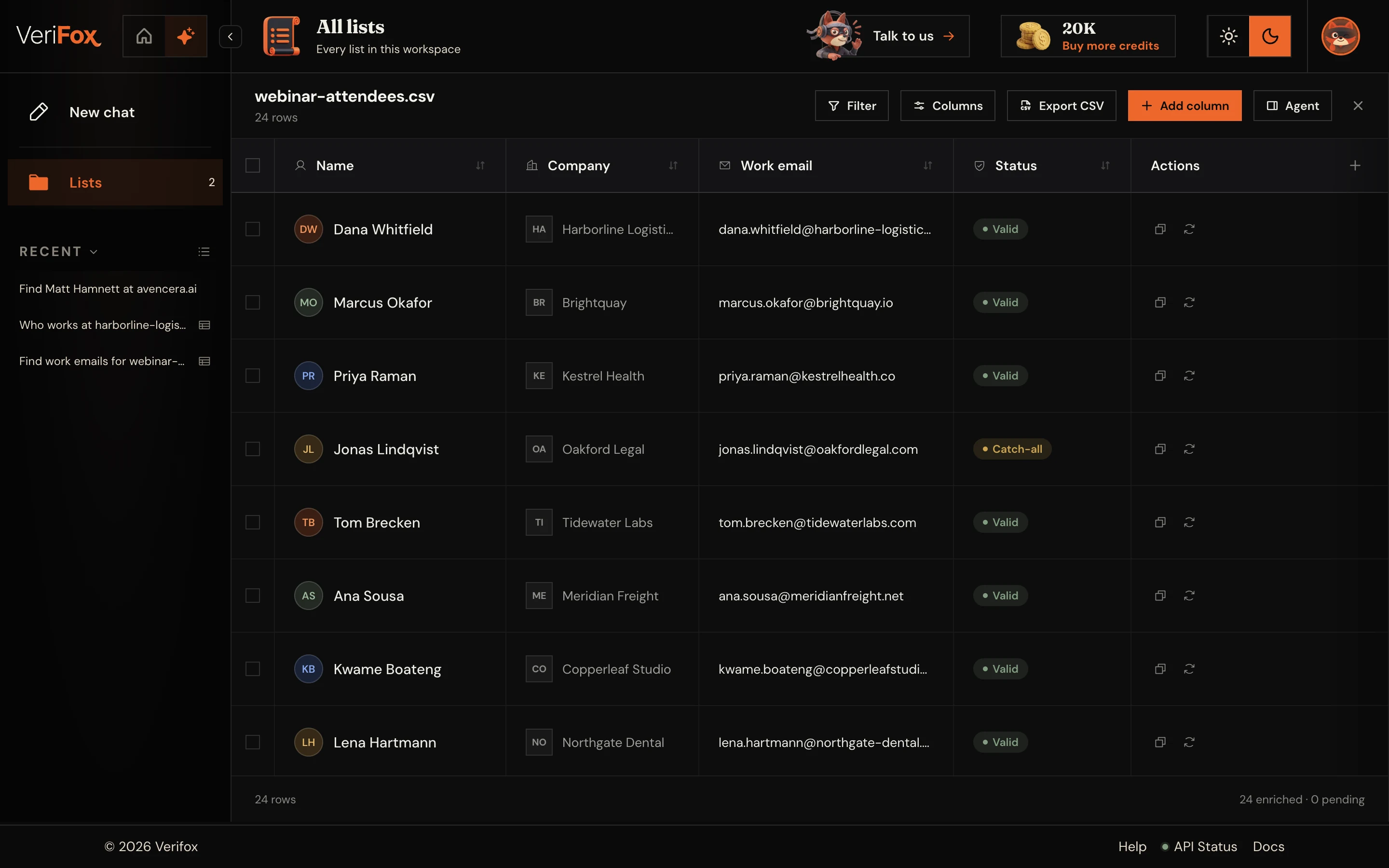 Verifox agent list: an uploaded CSV of 24 contacts, each with its found work email and a Valid or Catch-all status.