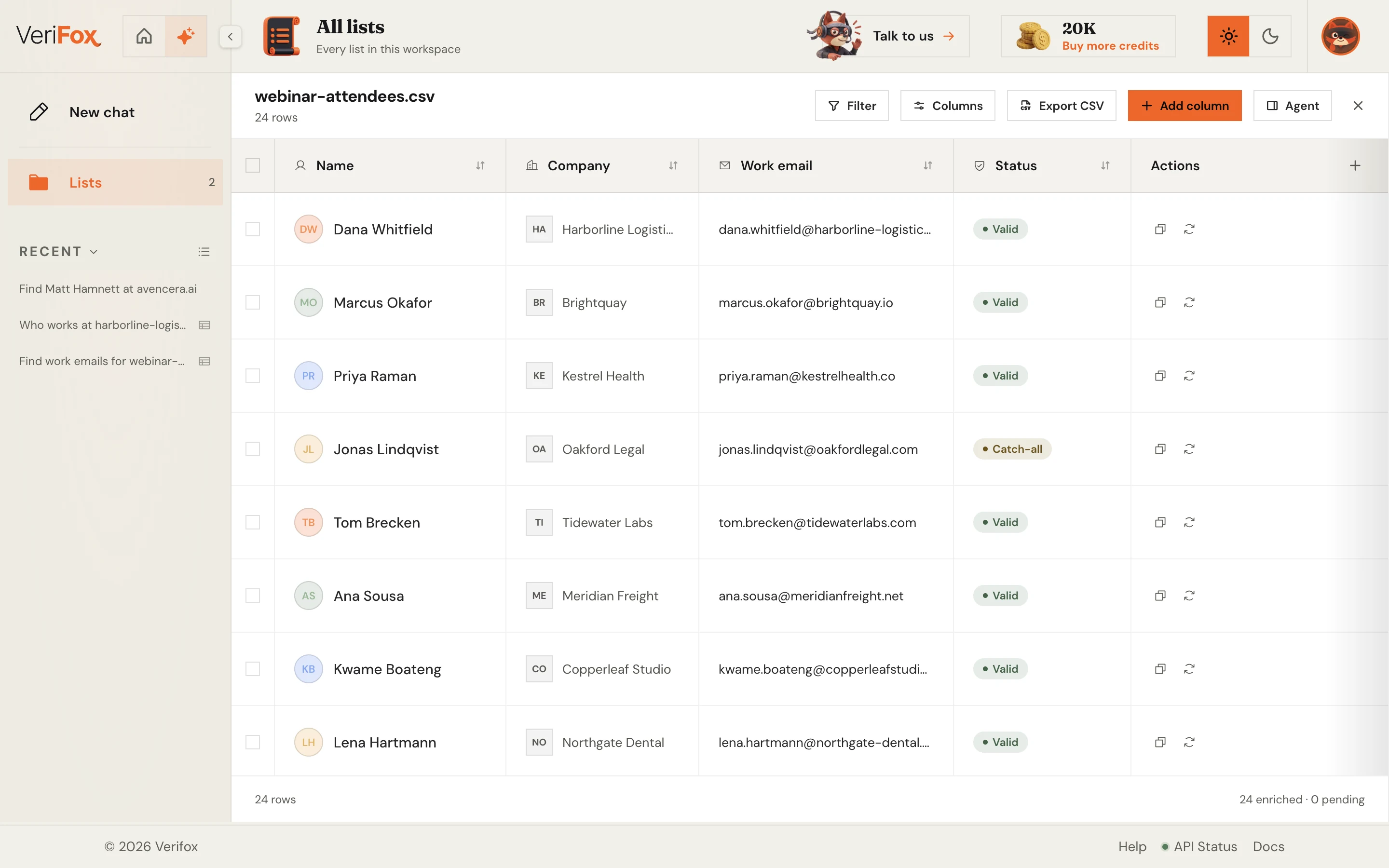 Verifox agent list: an uploaded CSV of 24 contacts, each with its found work email and a Valid or Catch-all status.