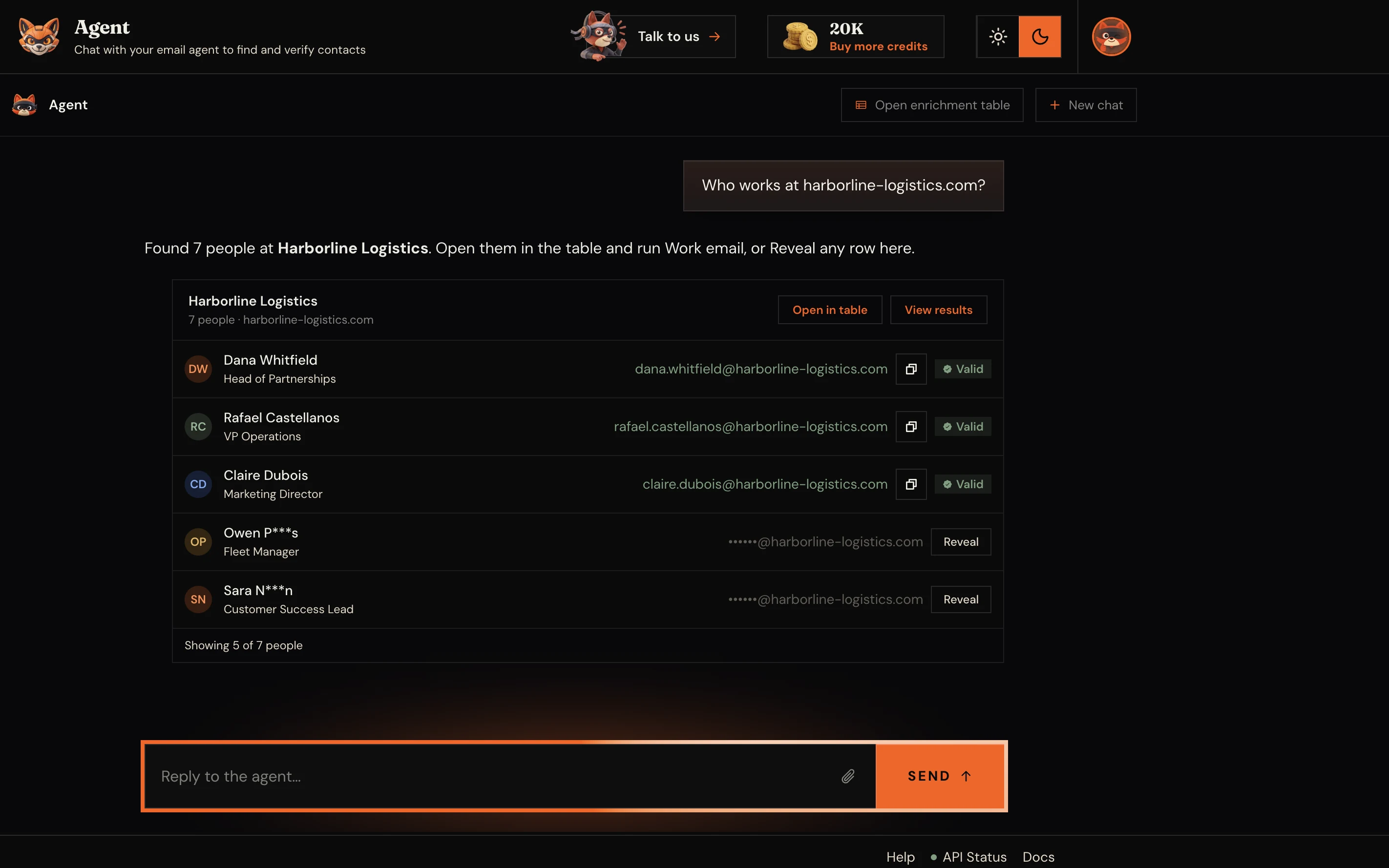 Verifox agent company search: the Harborline Logistics roster with names and roles, three revealed and verified work emails, and Reveal buttons for the rest.