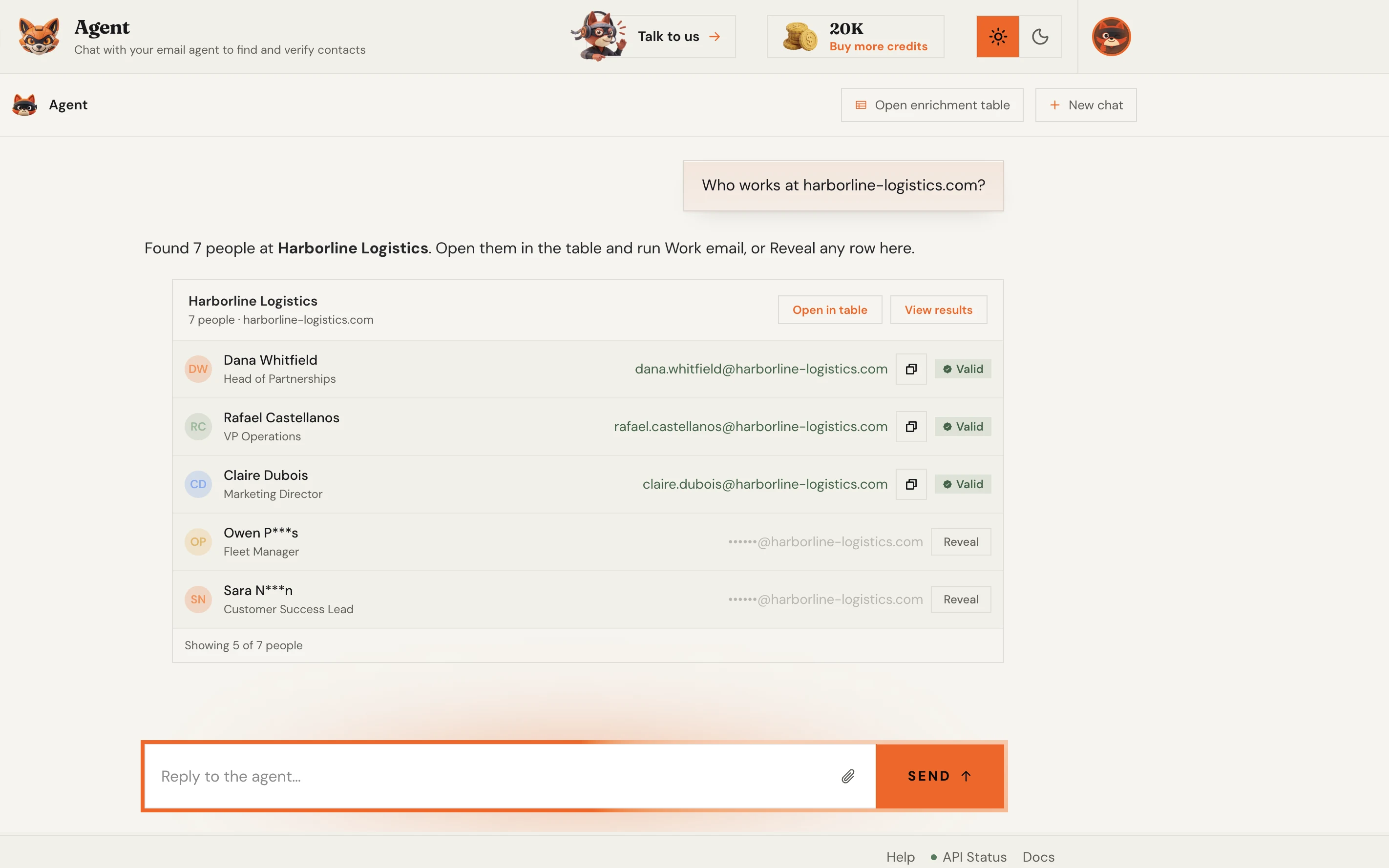 Verifox agent company search: the Harborline Logistics roster with names and roles, three revealed and verified work emails, and Reveal buttons for the rest.
