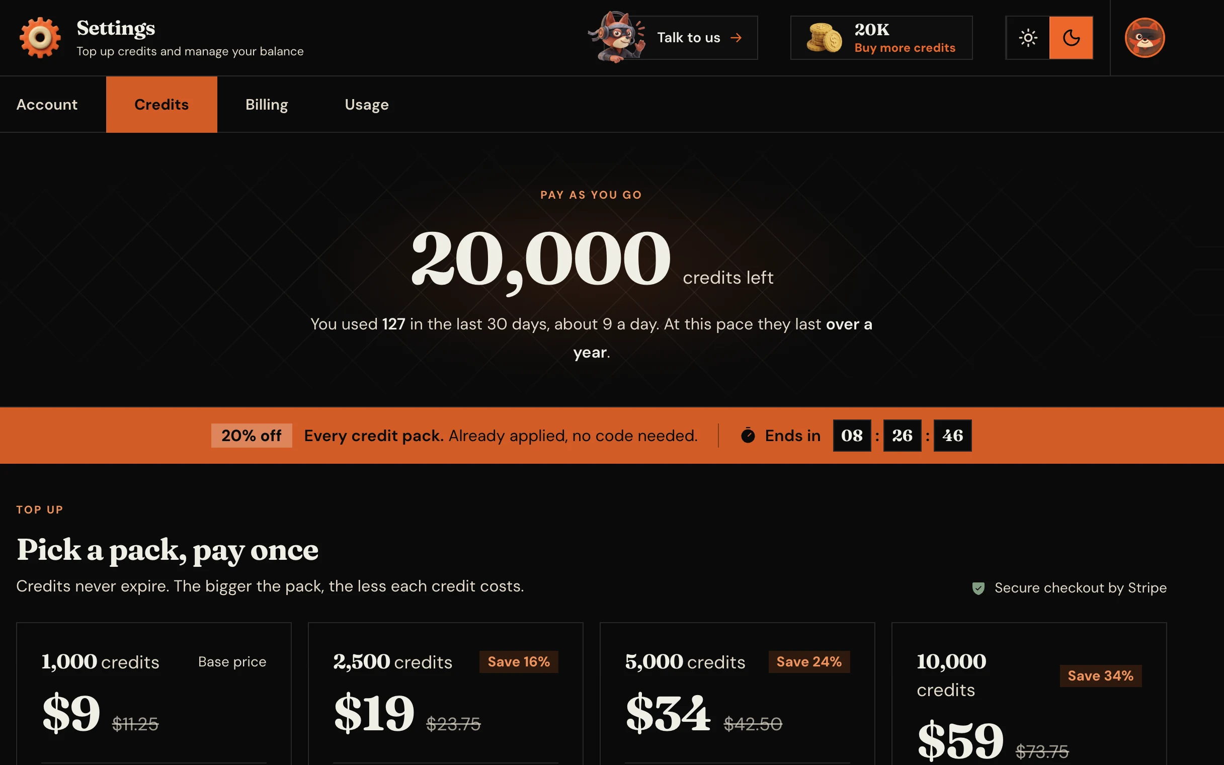 Verifox credits page: 20,000 credits left, with 127 used in the last 30 days and the pace they will last at.