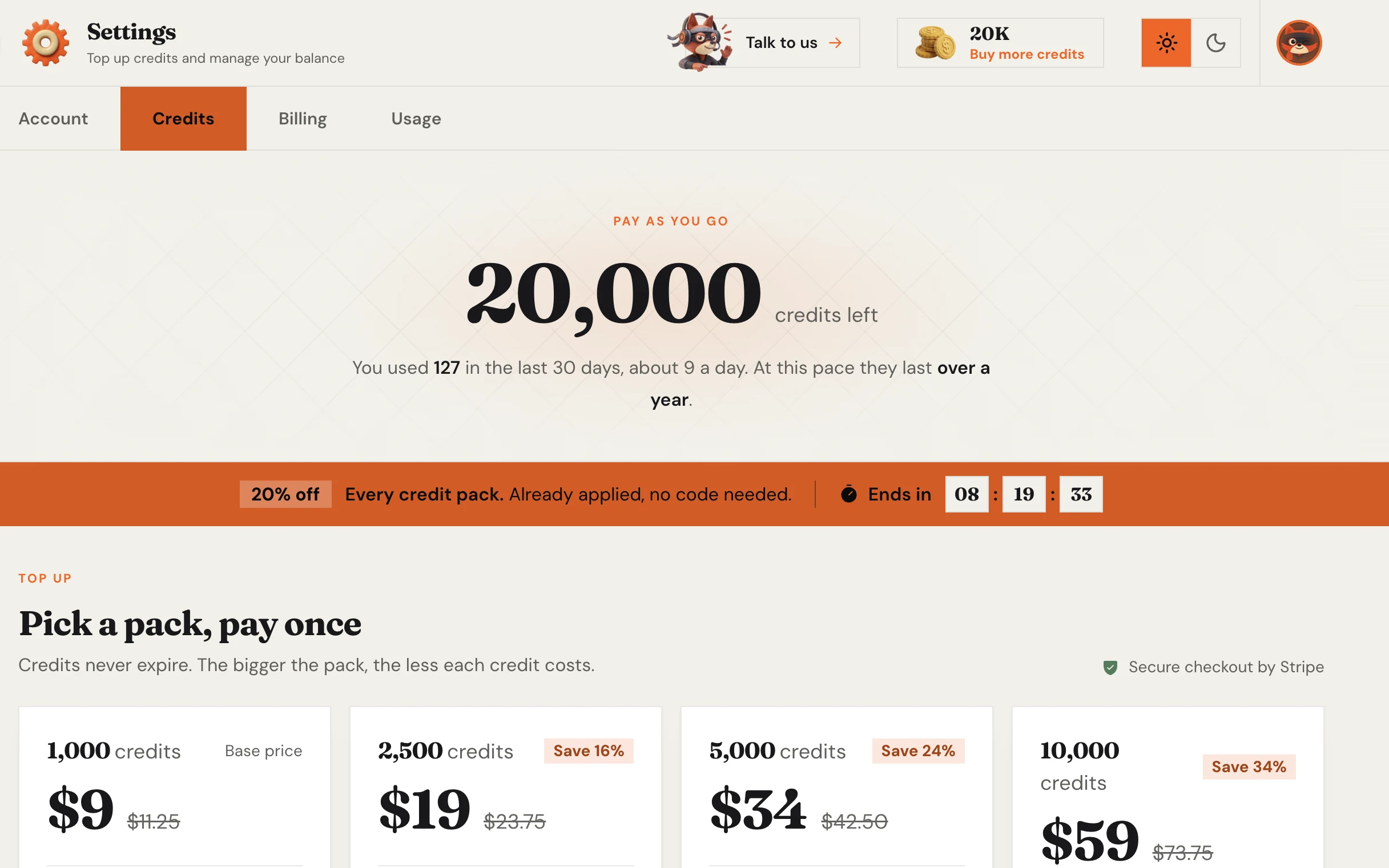 Verifox credits page: 20,000 credits left, with 127 used in the last 30 days and the pace they will last at.