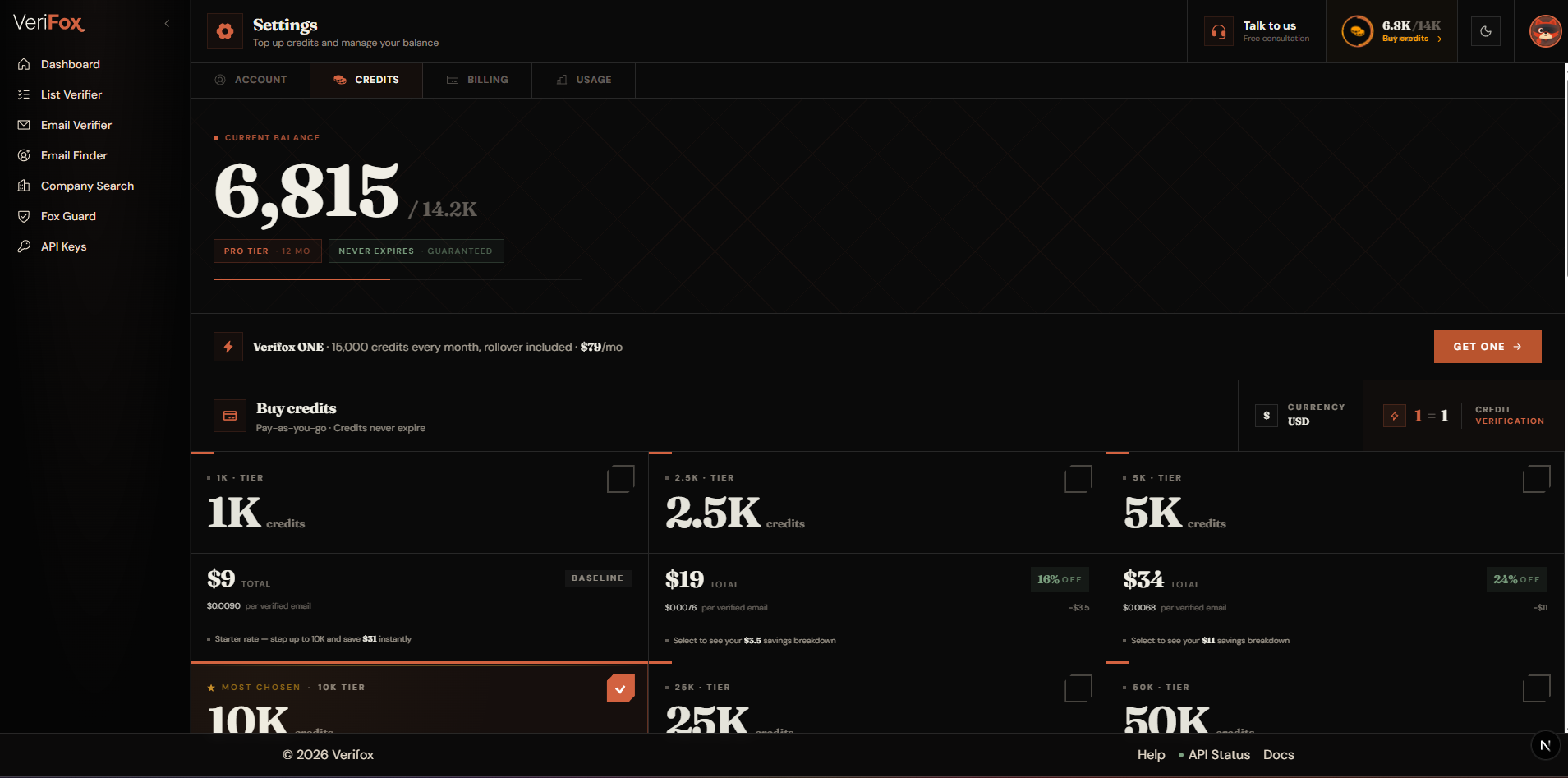 get_credits tool call returning the account's remaining balance.