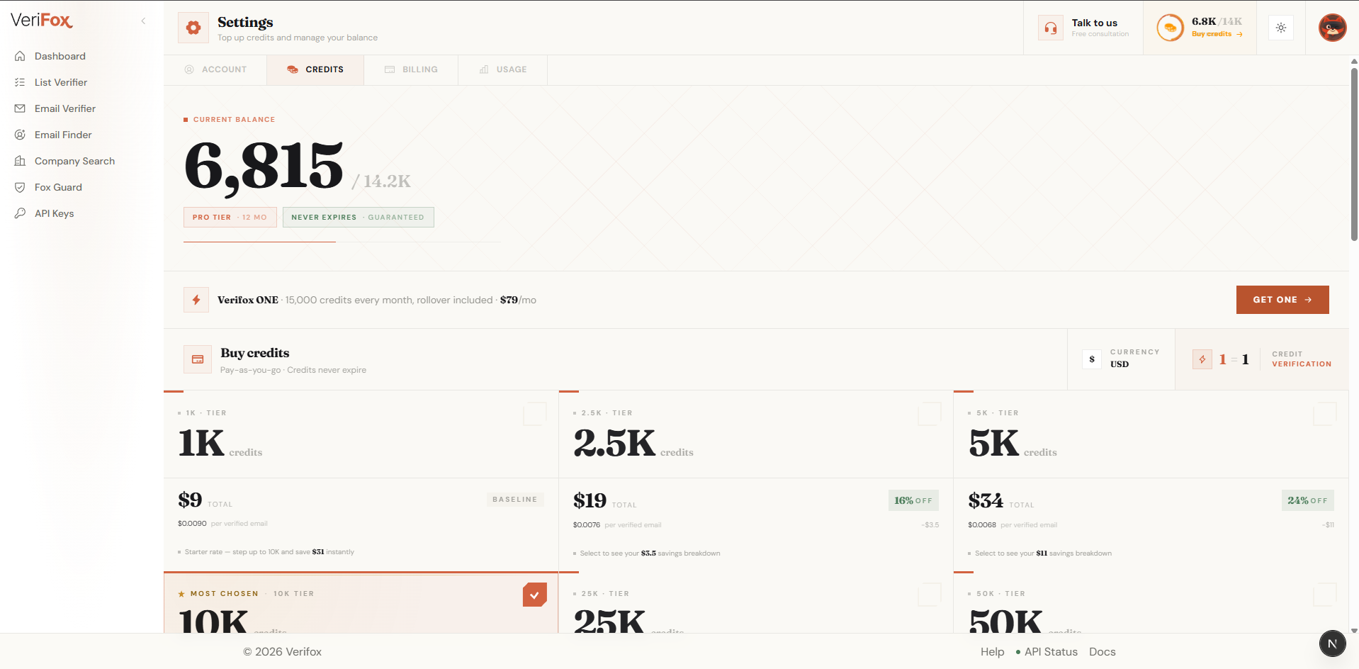 get_credits tool call returning the account's remaining balance.
