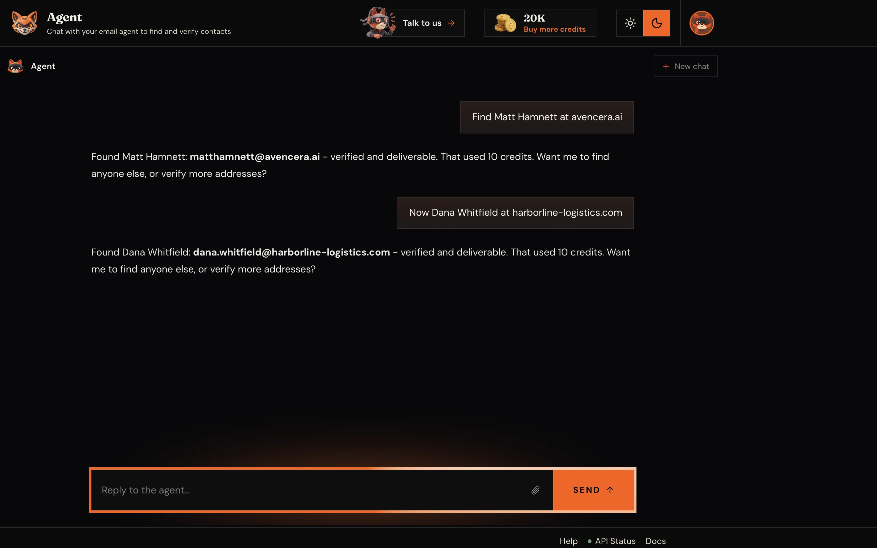Verifox agent chat: asked to find Matt Hamnett at avencera.ai, it replies with matthamnett@avencera.ai, verified and deliverable, then finds a second contact the same way.
