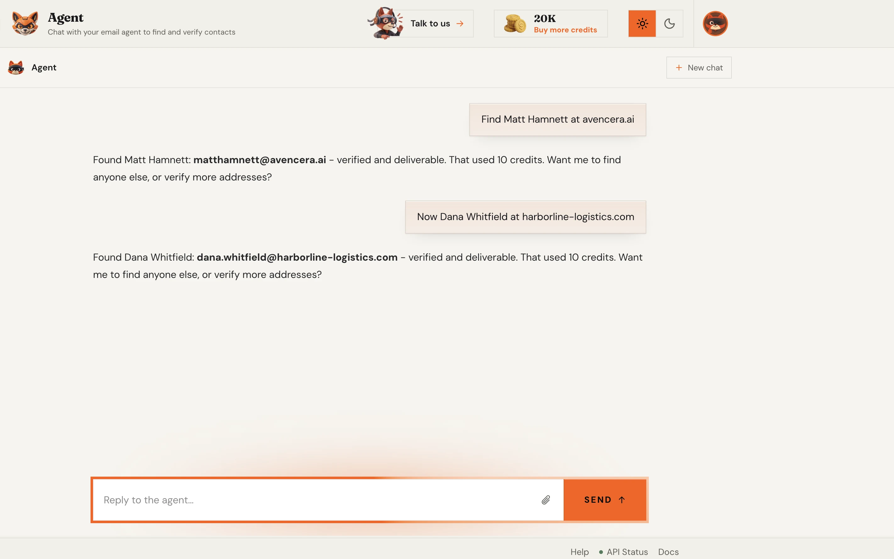 Verifox agent chat: asked to find Matt Hamnett at avencera.ai, it replies with matthamnett@avencera.ai, verified and deliverable, then finds a second contact the same way.