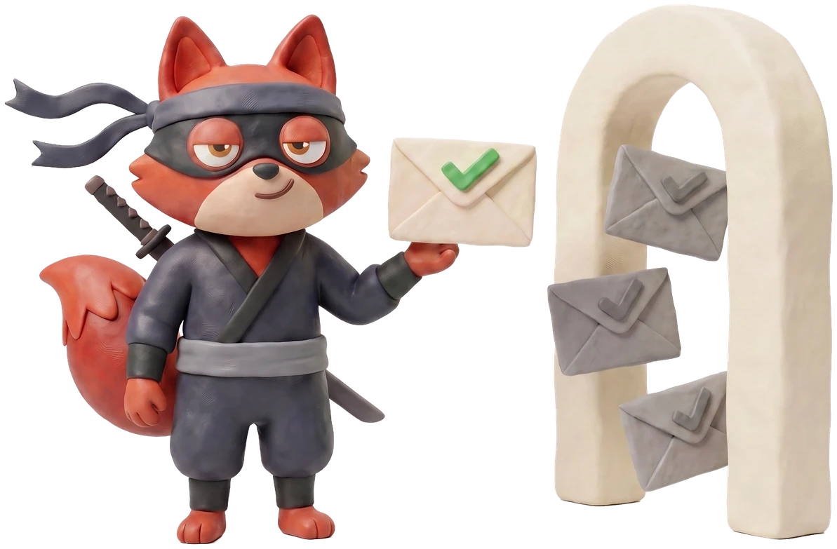 Verifox clay fox holding a green-ticked clay envelope in front of a clay gate that accepts everything.