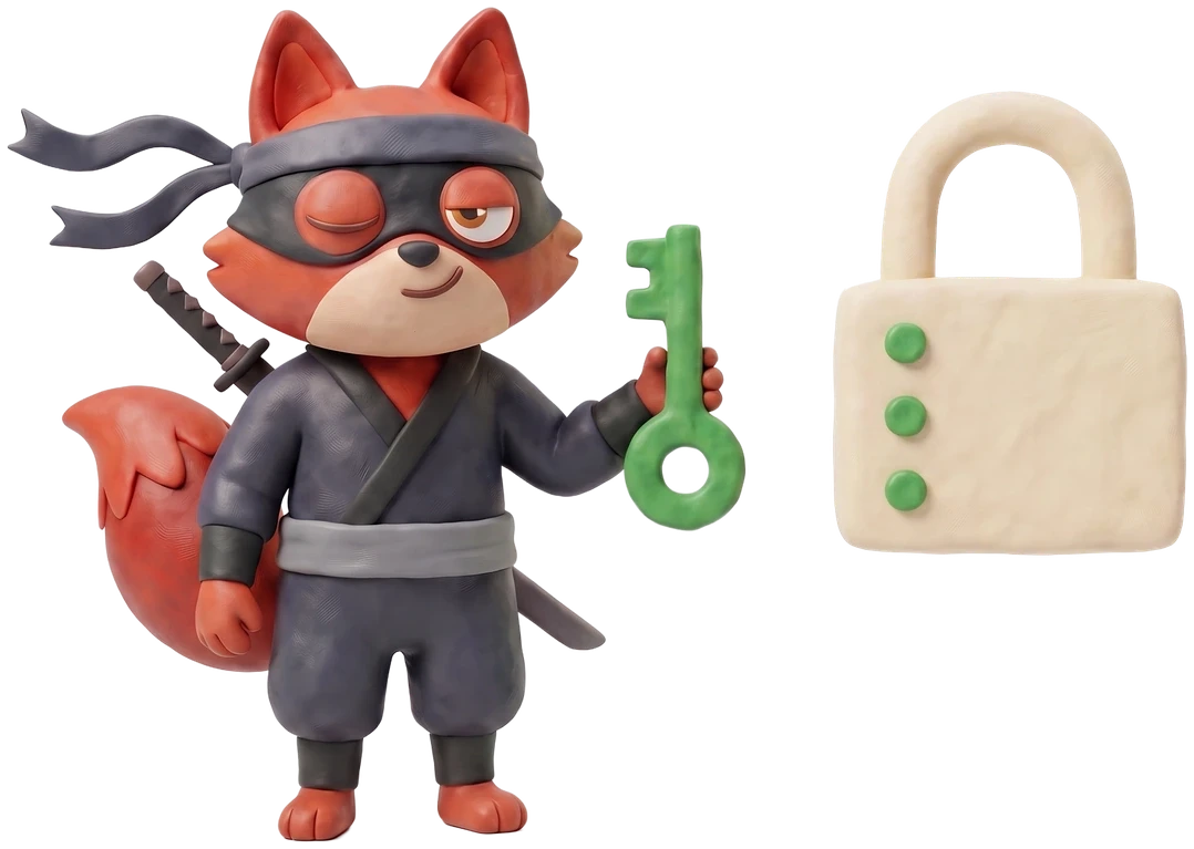 Verifox clay fox holding a green clay key beside a clay lock with three matching pins.
