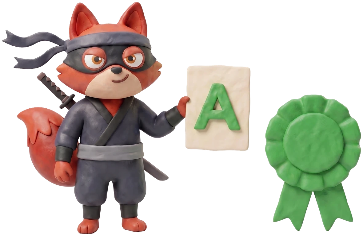 Verifox clay fox holding a clay report card graded A beside a small clay rosette.