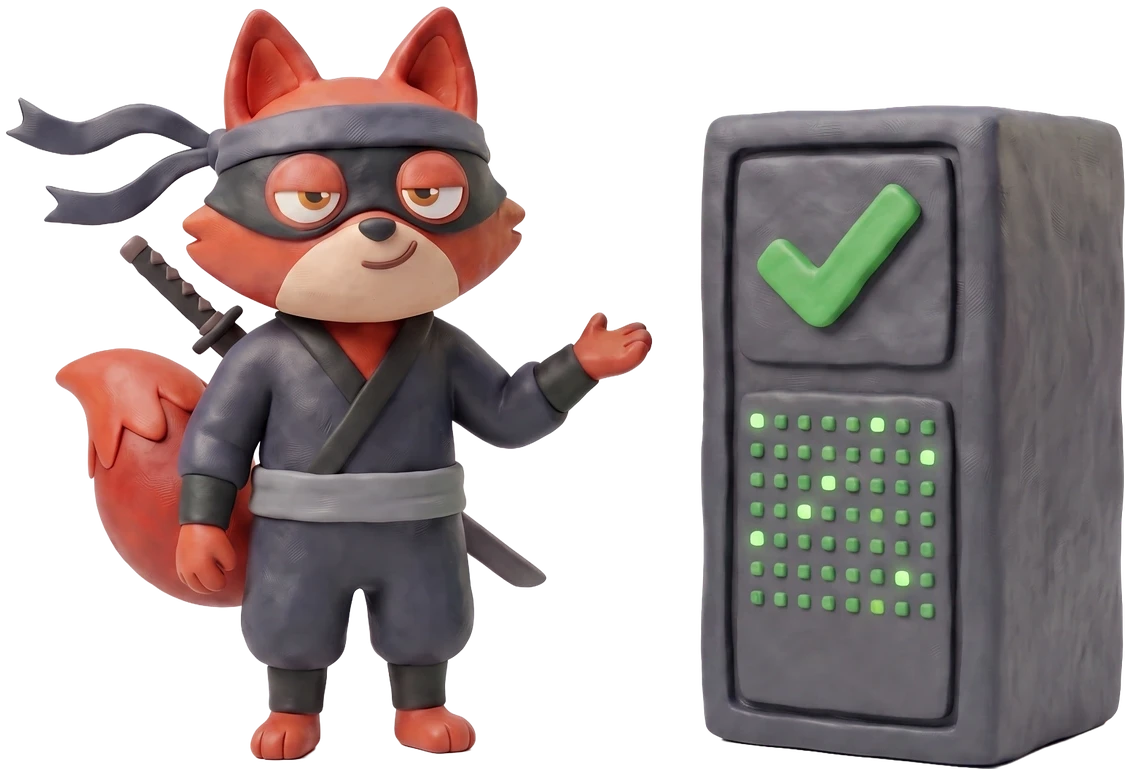 Verifox clay fox inspecting a clay mail server with green pipes and a lit status panel.