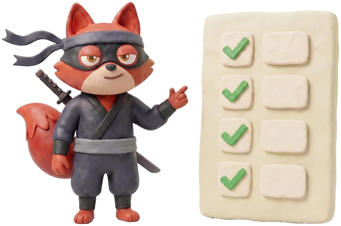 Verifox clay fox beside a clay noticeboard of list cards, all bearing green ticks.