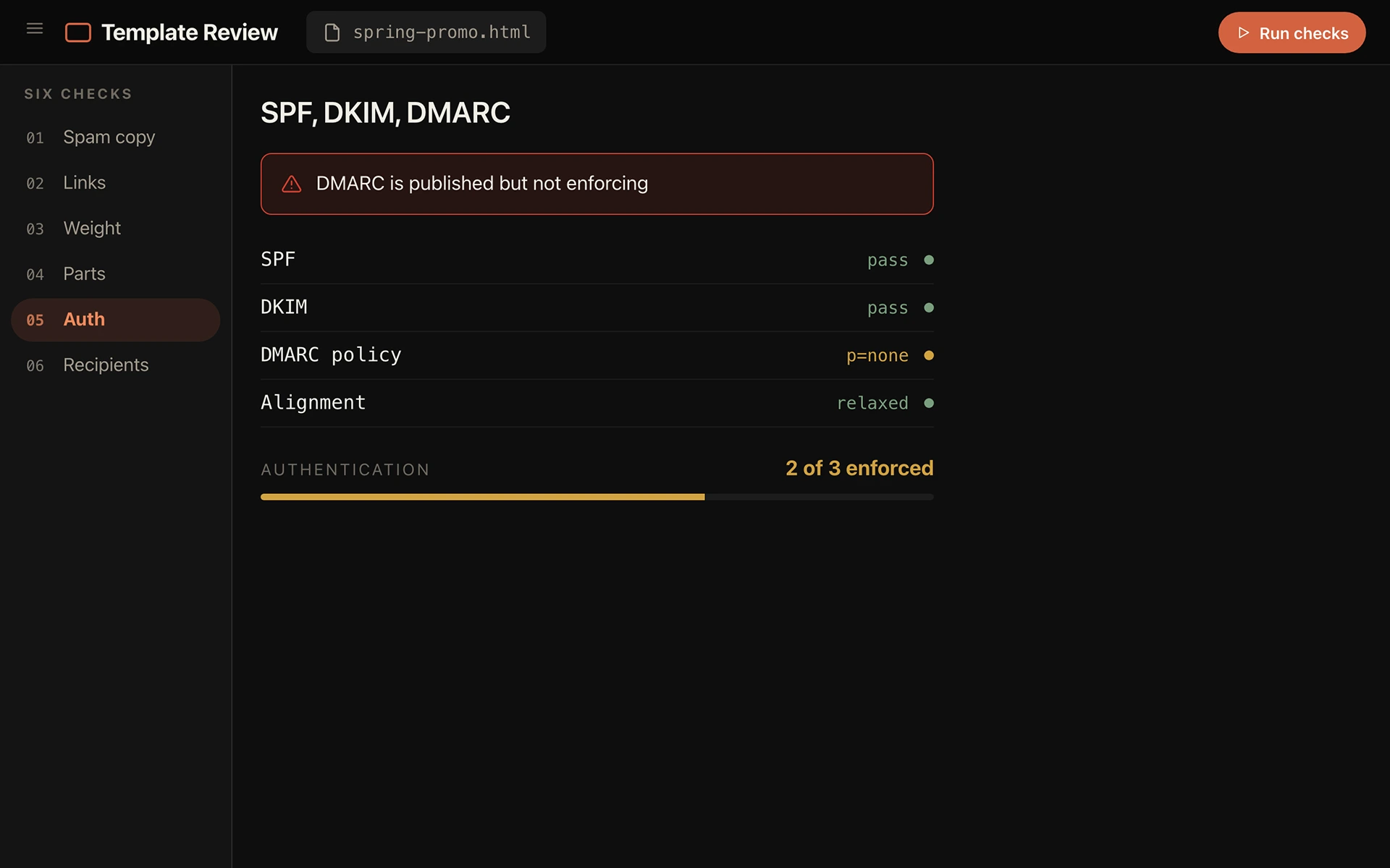 Template review screen: SPF and DKIM passing, a DMARC policy of p=none flagged, and relaxed alignment.