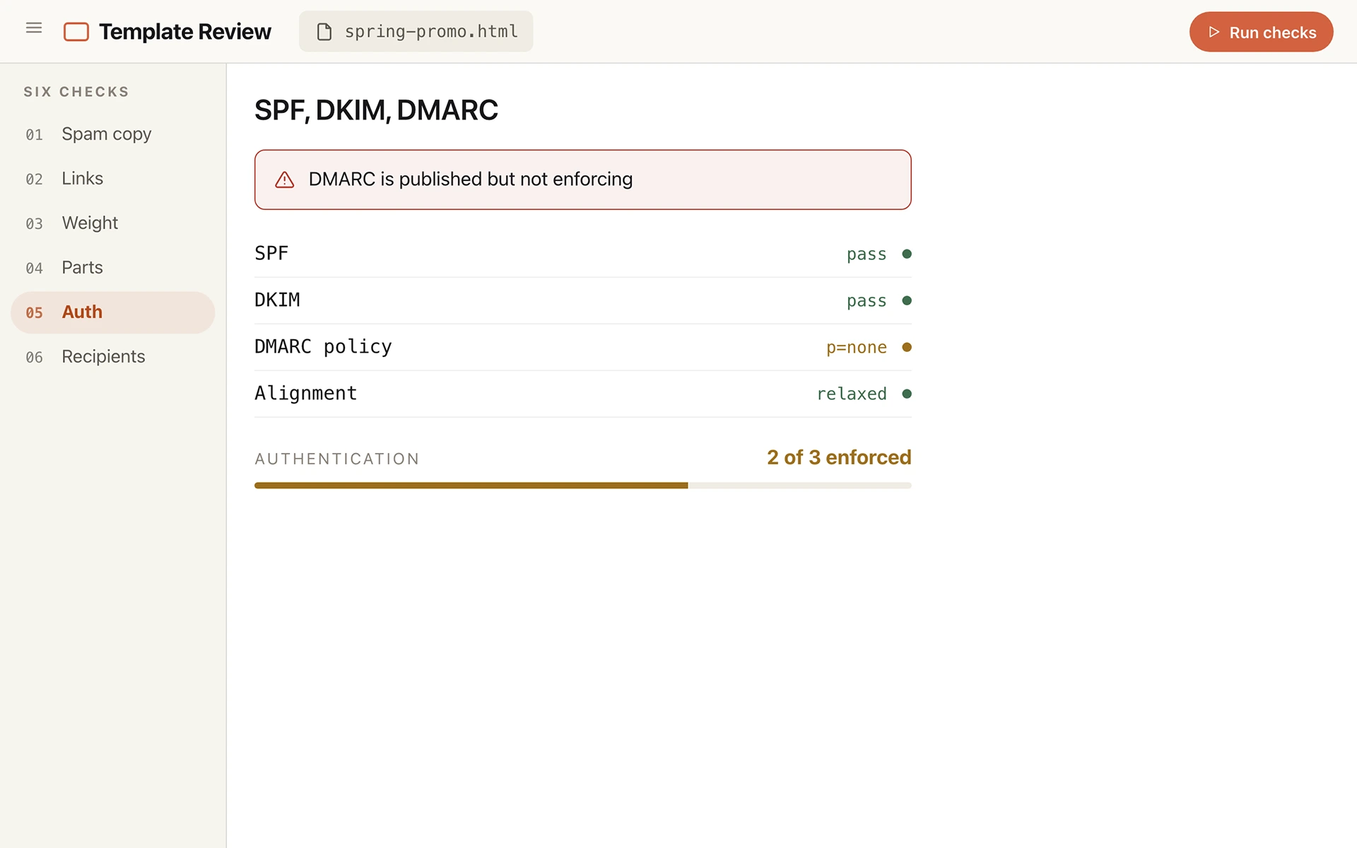 Template review screen: SPF and DKIM passing, a DMARC policy of p=none flagged, and relaxed alignment.