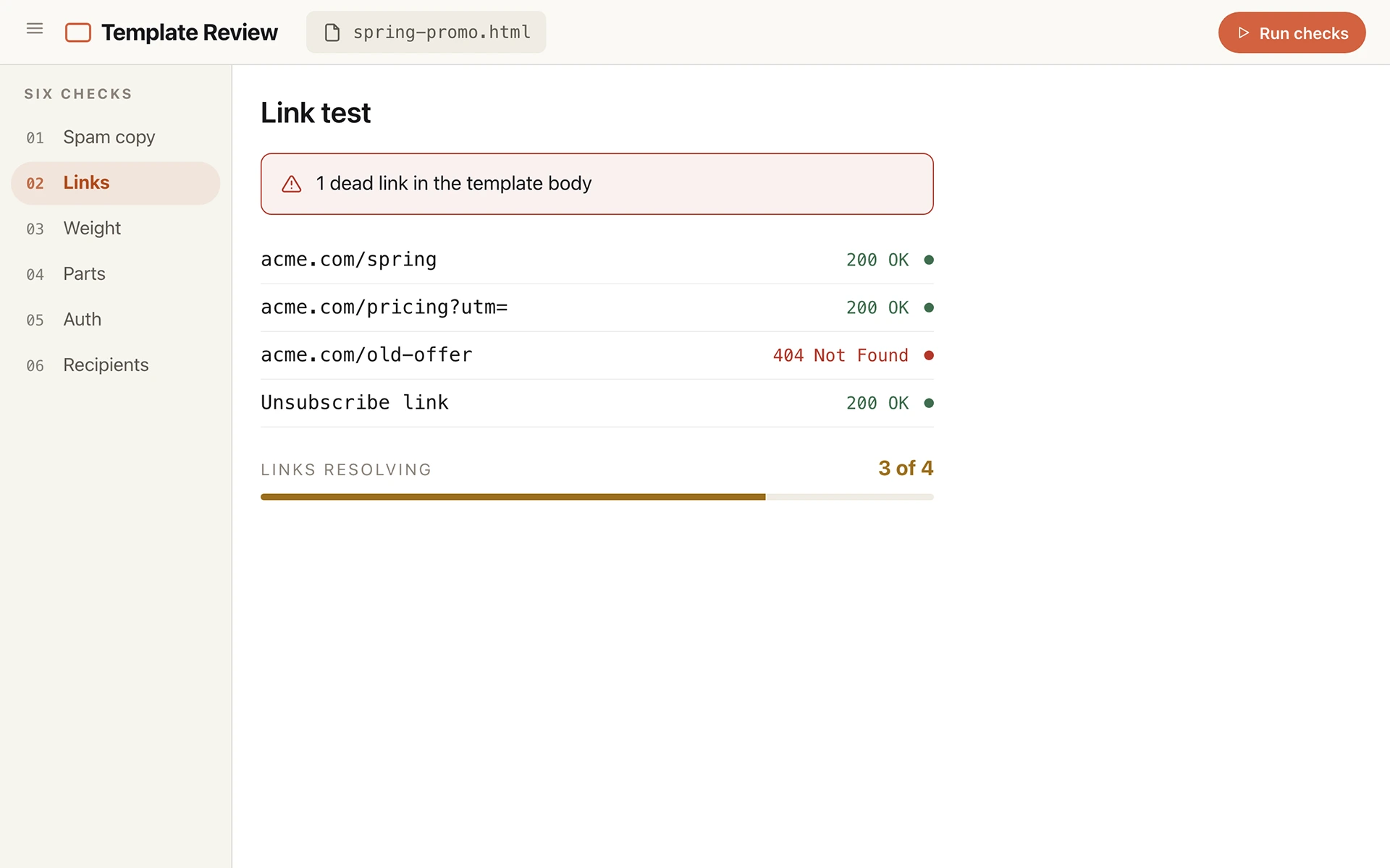 Template review screen: four template links with response codes, one returning 404 Not Found, and three of four resolving.