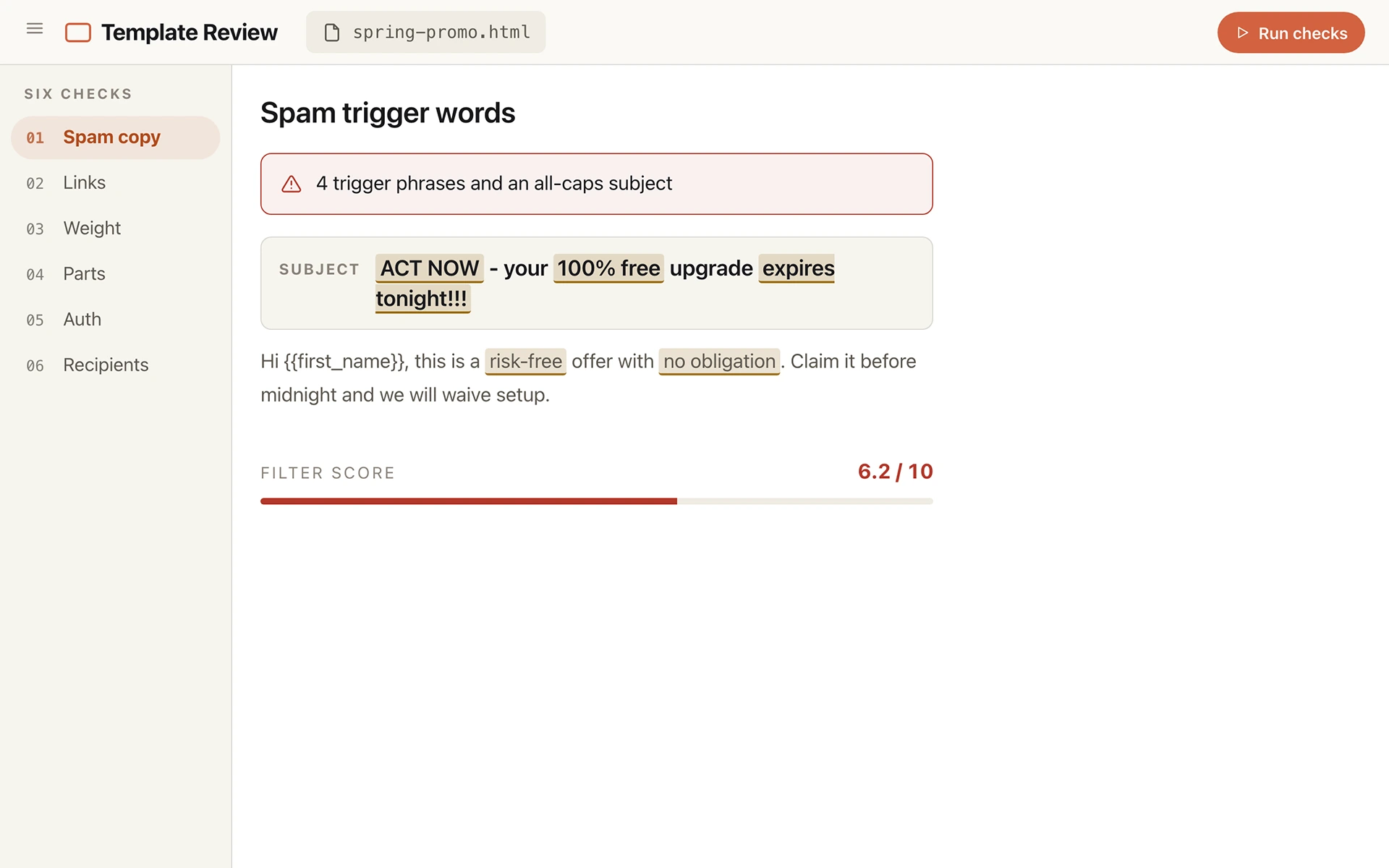 Template review screen: an all-caps subject line with four trigger phrases highlighted and a filter score of 6.2 out of 10.