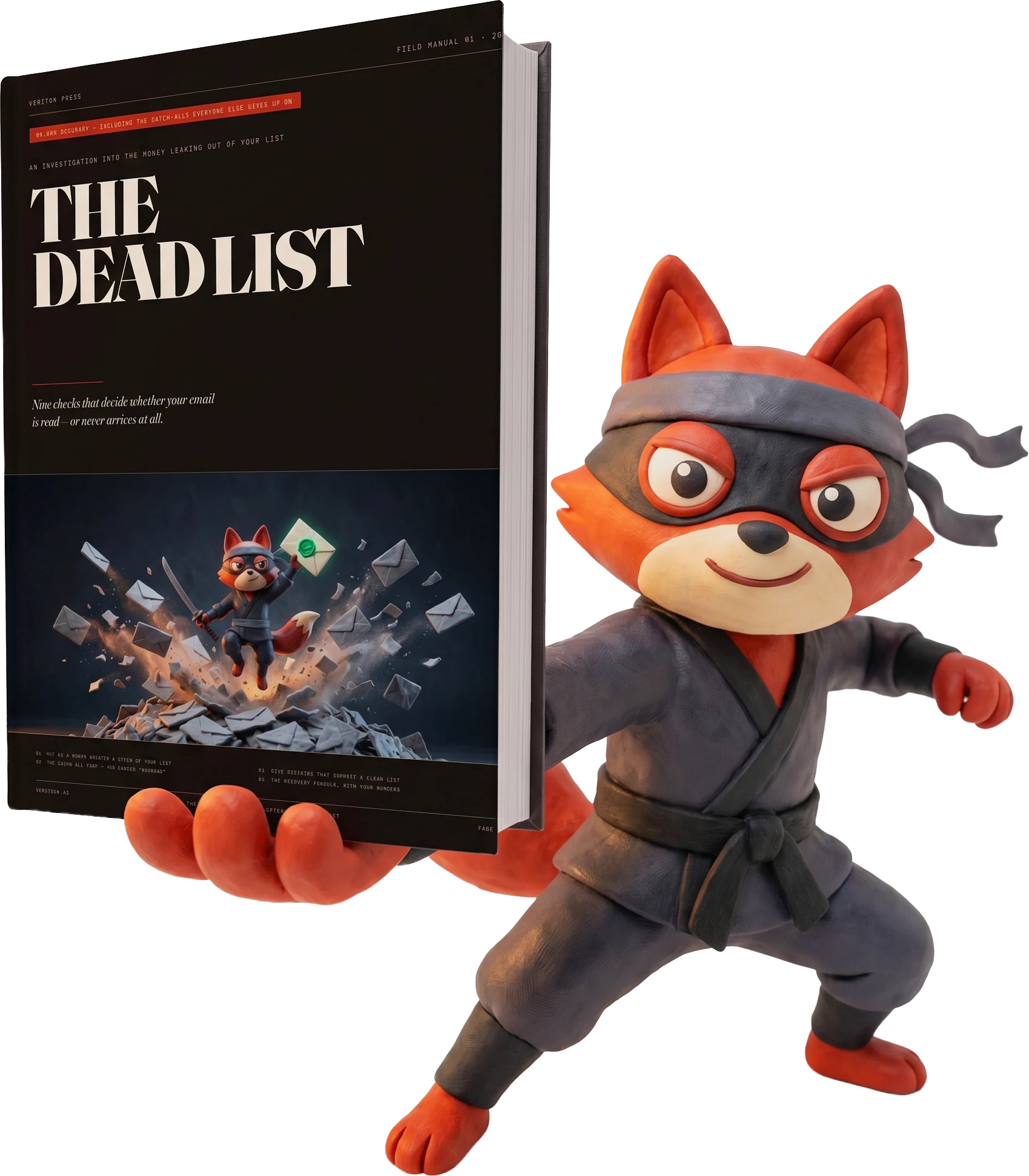 The Dead List field manual, held up by the Verifox fox
