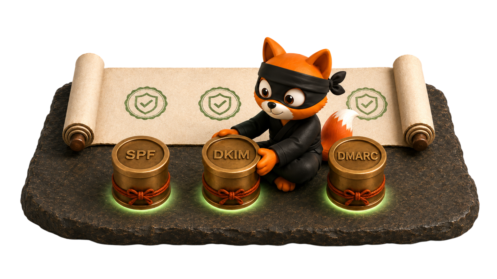 Three brass hanko-style wax-stamp seals in a row labelled SPF, DKIM, DMARC, each casting a sage-green glow on the stone beneath, mounted over a cream washi scroll with matching seal imprints already pressed on it. Fox mascot holding the centre seal.