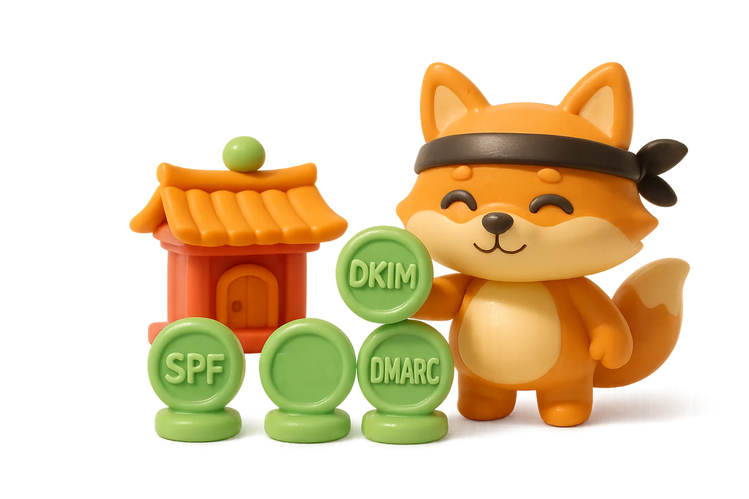 Claymation ninja-fox mascot holding the middle of three glowing clay seals labelled SPF, DKIM and DMARC, representing email authentication.