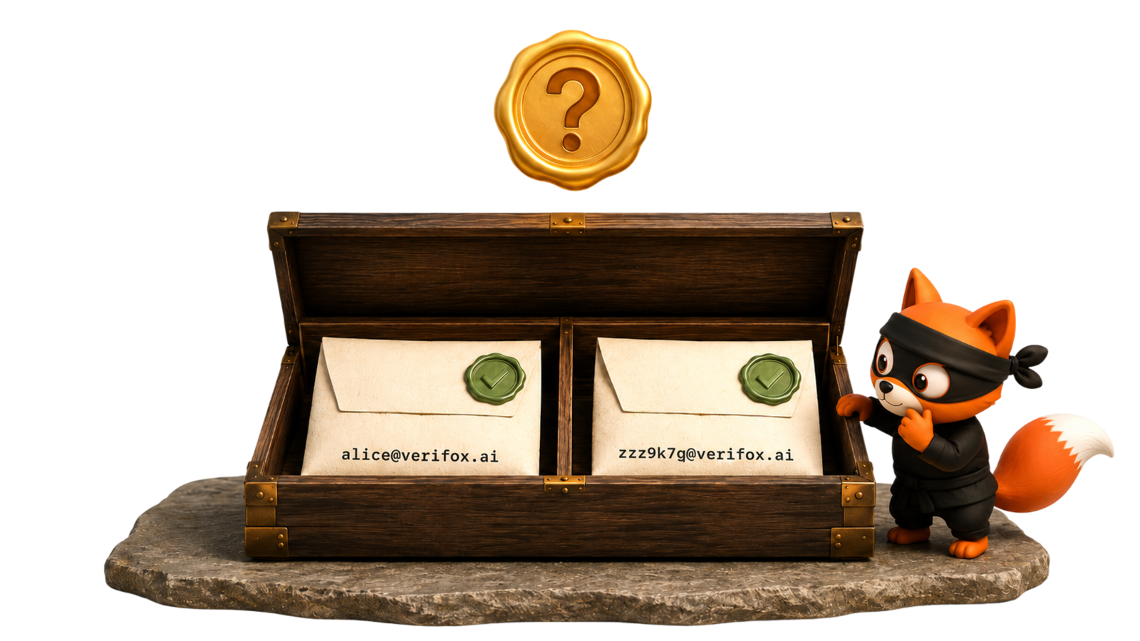 Open wooden box with two folded letters inside, one labelled alice@verifox.ai, the other a deliberate fake zzz9k7q@verifox.ai. Both sealed with the same sage-green wax stamp, an amber question-mark seal hovering above the box.