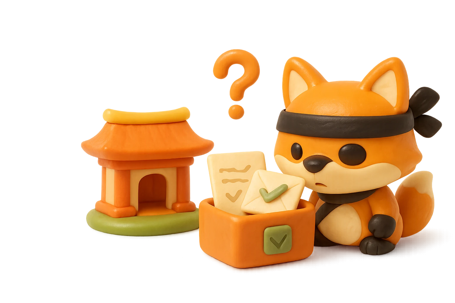 Claymation ninja-fox mascot peeking into a clay box holding a real letter and a fake one sealed identically, with an amber question mark above, representing a catch-all domain.