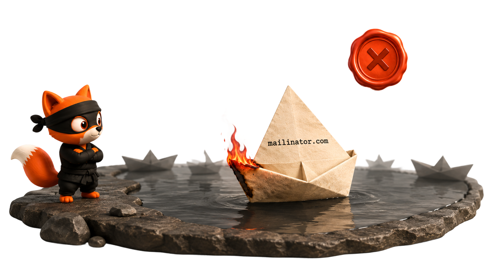 Origami paper boat with the label 'mailinator.com' on its sail, on fire mid-water surrounded by other small paper boats fading into the dark stone pond. A red-orange wax seal with an X mark floats above. The fox mascot stands on the shore at a safe distance, watching the boat sink.