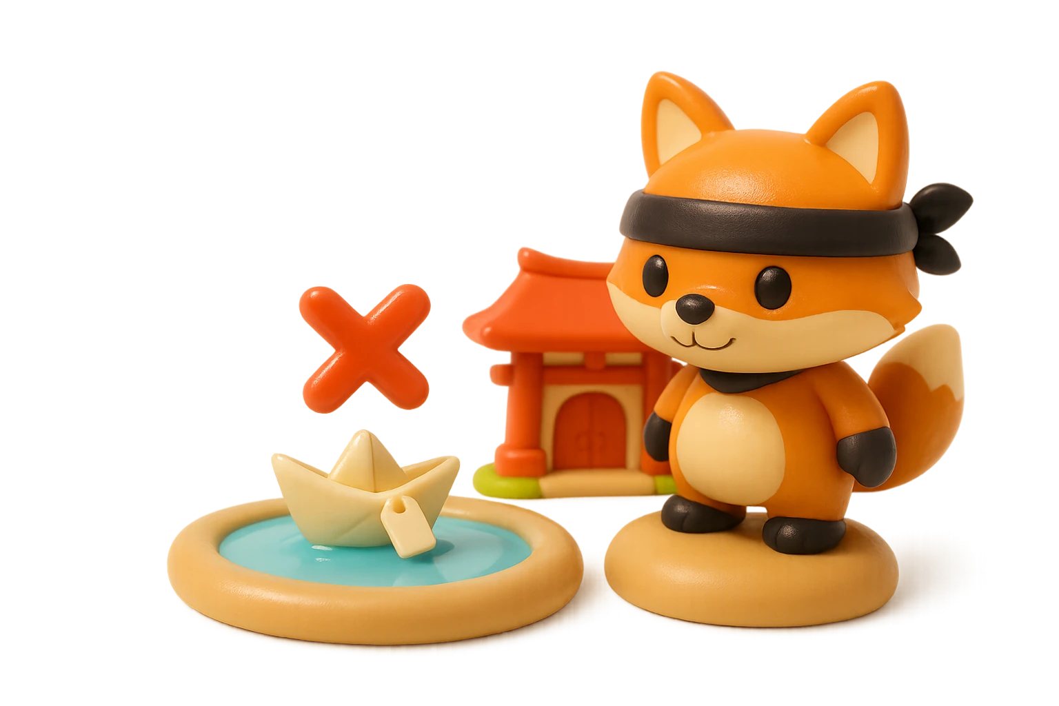 Claymation ninja-fox mascot on a clay bank watching a labelled clay paper boat sink beneath a red X seal, representing a rejected disposable email address.