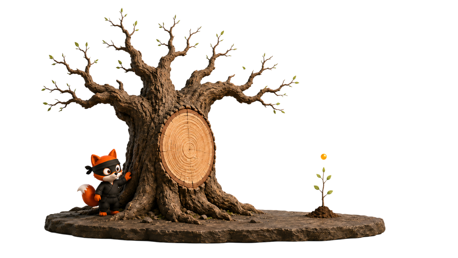Ancient gnarled tree with a cut-away showing concentric growth rings on the left (the aged, trusted domain) and a fragile sapling on the right (the freshly-registered, suspicious domain), the fox mascot examining the tree at its base.
