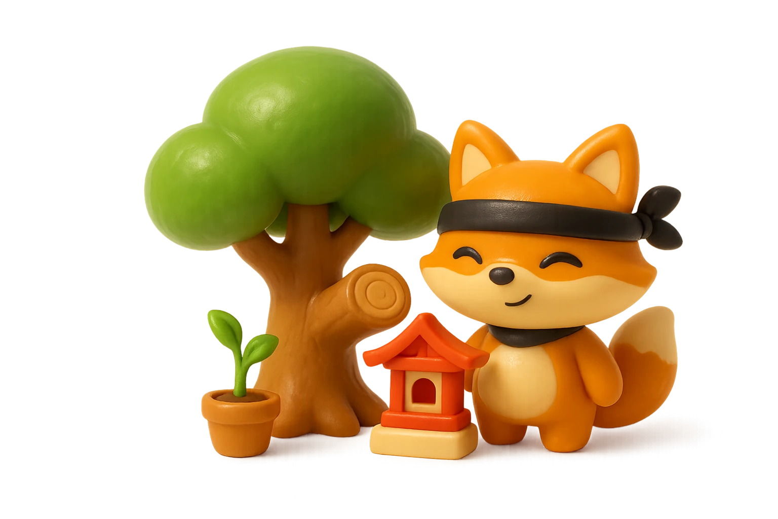 Claymation ninja-fox mascot between a sturdy clay tree showing growth rings (an aged, trusted domain) and a tiny clay sapling (a freshly-registered domain).