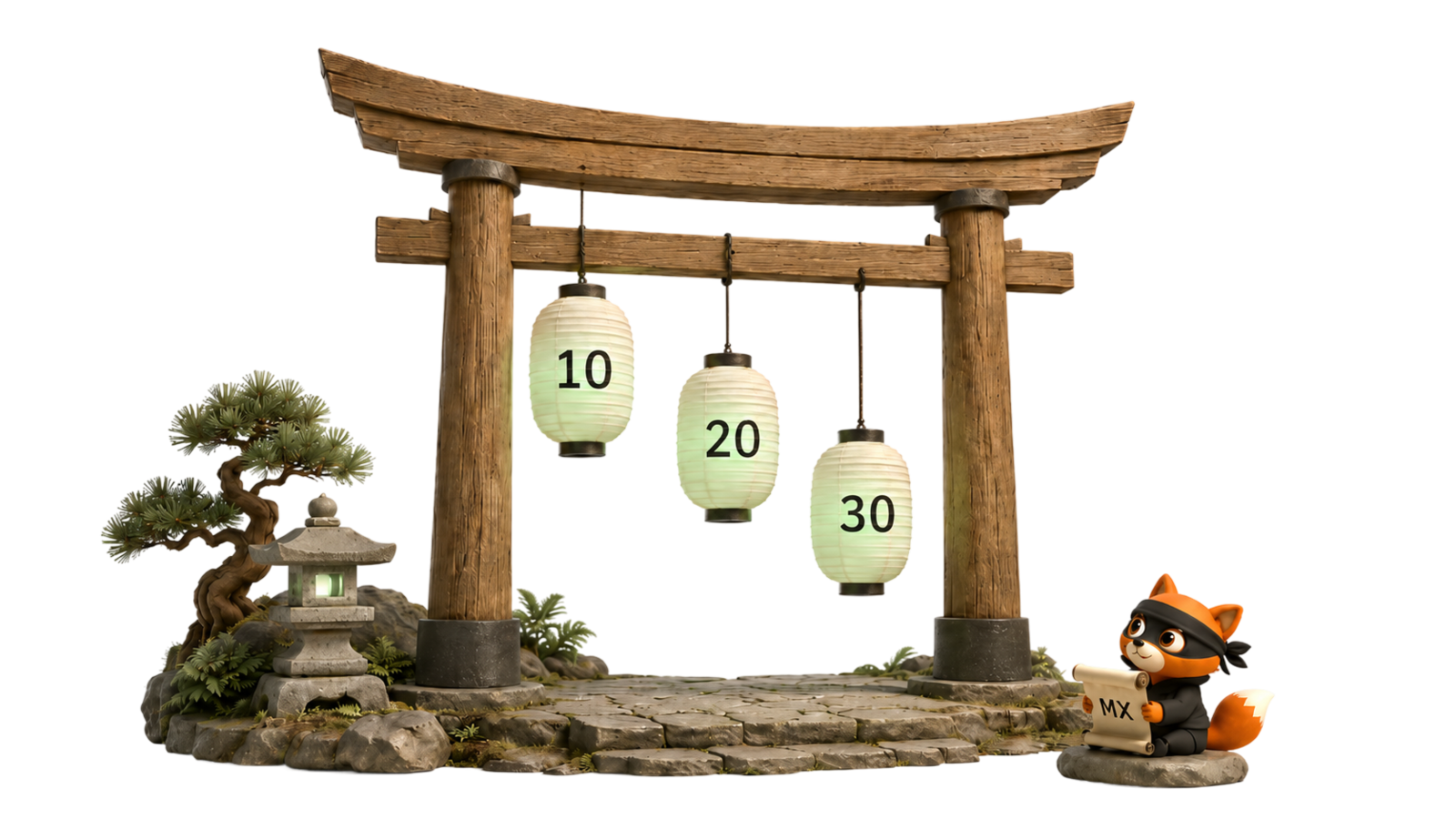 Torii gate with three paper lanterns hanging in priority order 10, 20, 30, representing the three mail-exchange servers returned for the domain. Fox mascot at the base.