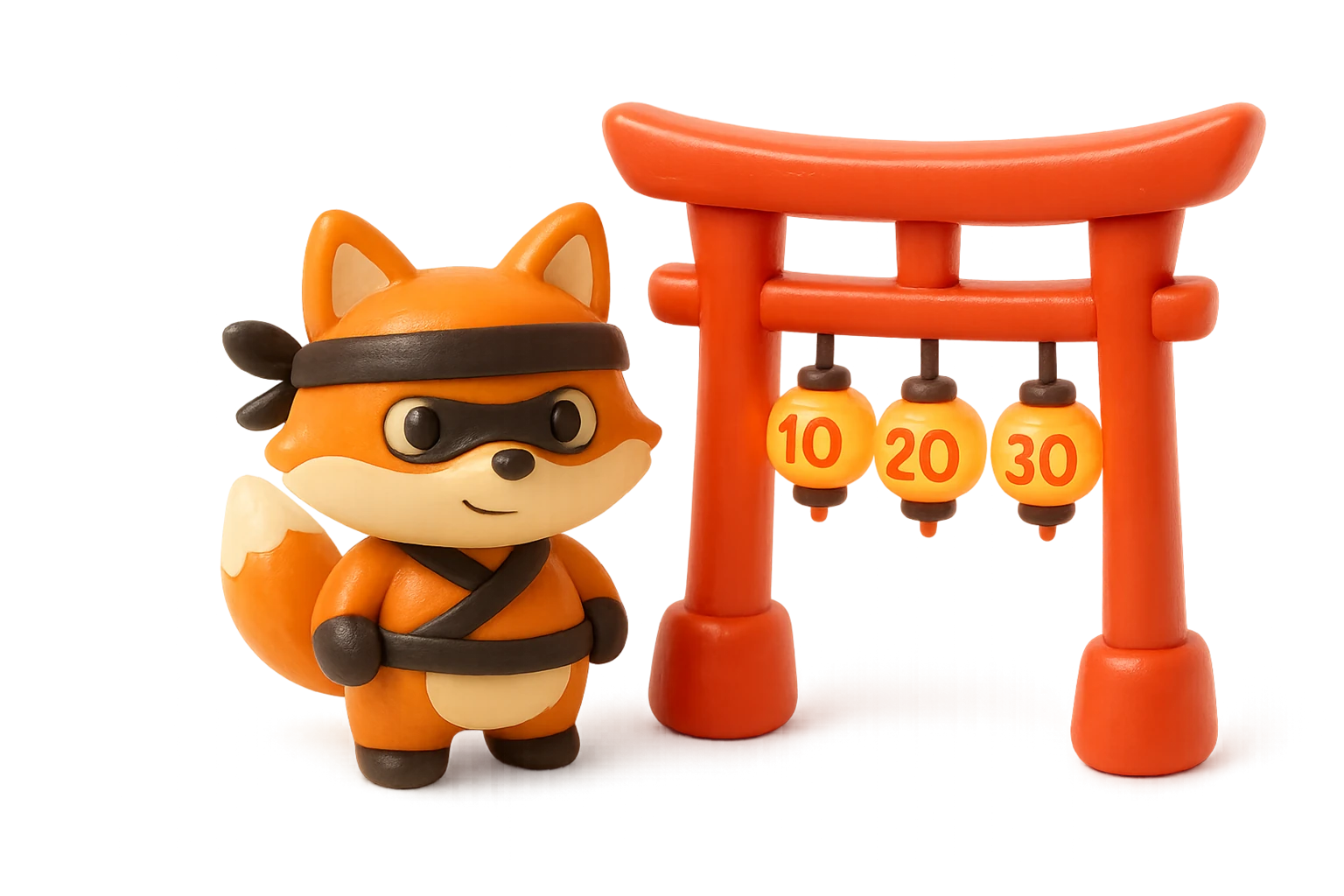 Claymation ninja-fox mascot beside a clay torii gate hung with glowing lanterns, representing the domain's prioritized mail-exchange (MX) servers.
