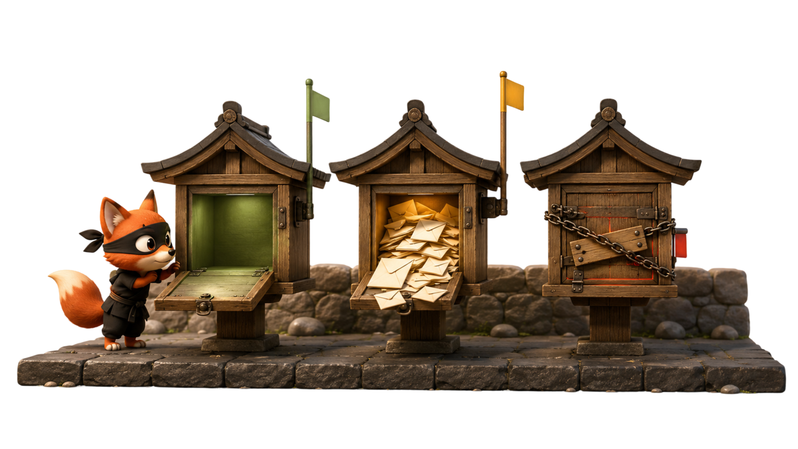 Three wooden Japanese mailboxes lined up on a stone courtyard. Left one open and empty with a sage flag (ACTIVE), centre one open and overstuffed with letters spilling out and an amber flag (FULL), right one closed and chained shut with a red-orange flag (DISABLED). Fox mascot peering into the active one.
