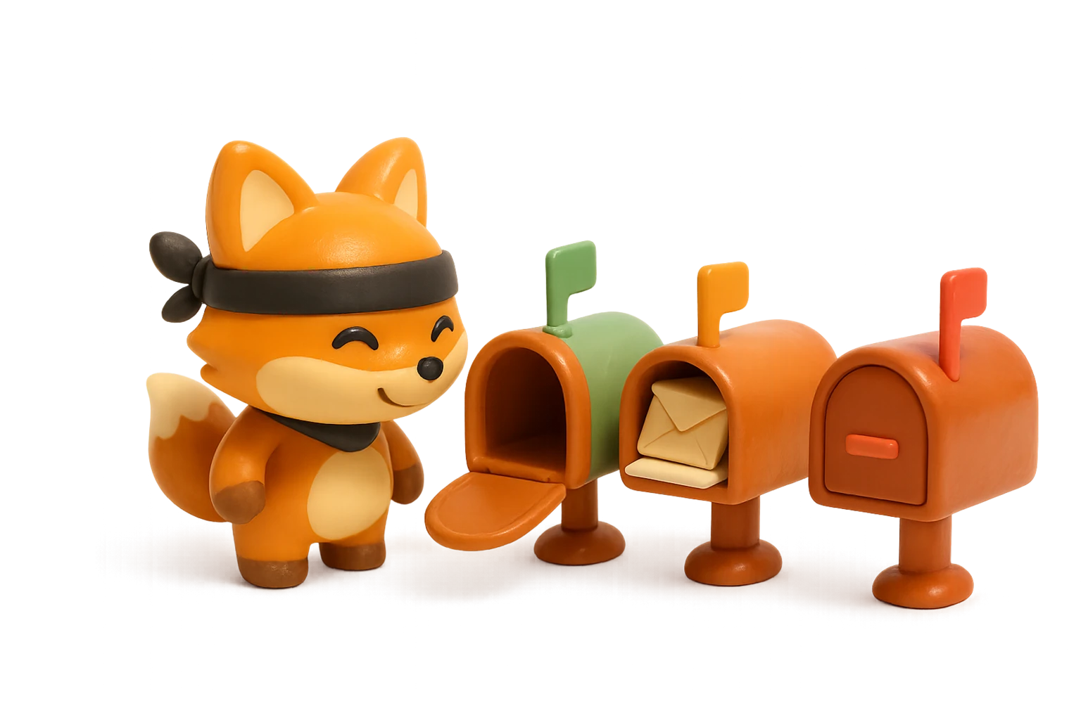Claymation ninja-fox mascot peeking into three clay mailboxes, open and active, overstuffed and full, and shut and disabled, representing the precise mailbox state.