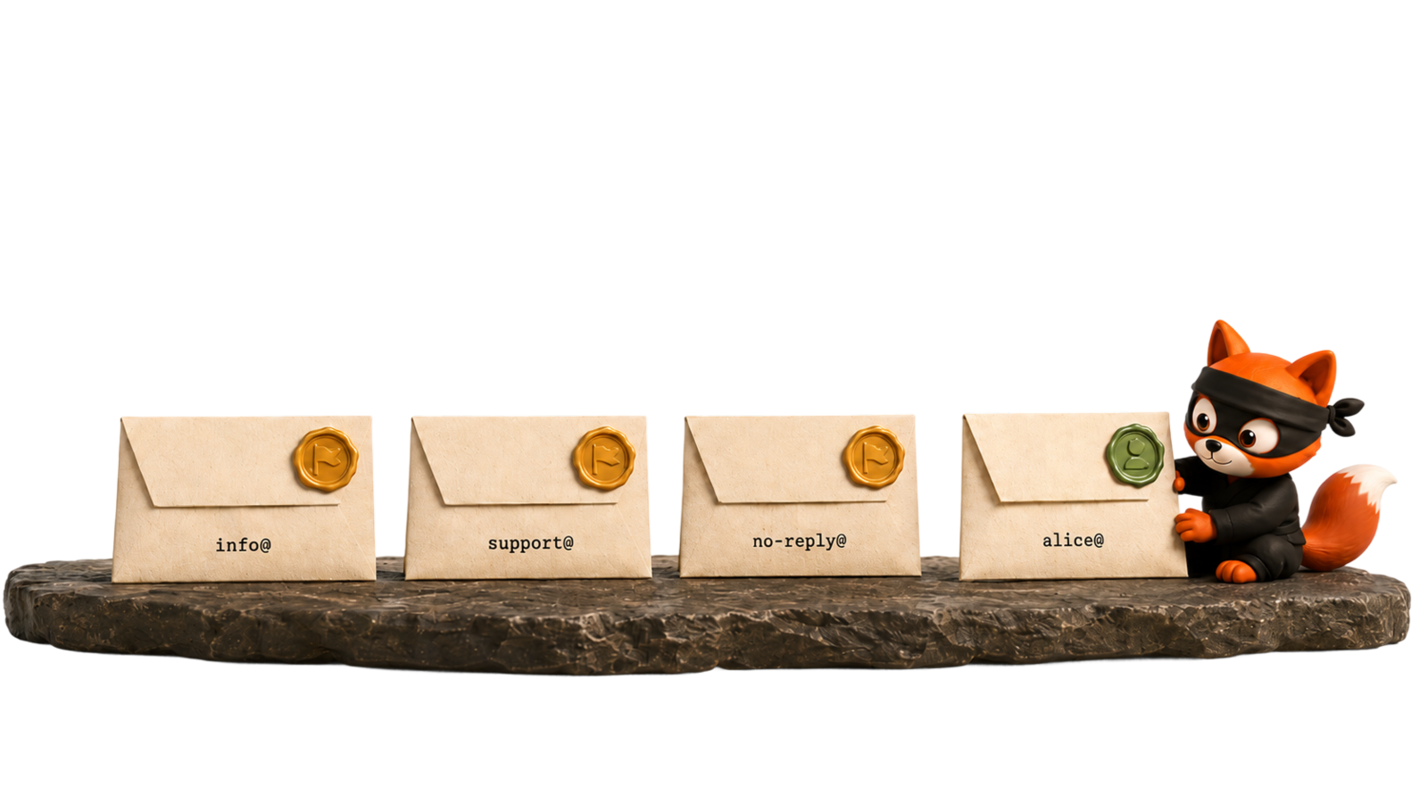 Four cream washi-paper envelopes lined up on a stone plinth. info@, support@, no-reply@ each sealed with an amber ROLE stamp, and a separate alice@ envelope on the right with a sage personal-address seal held by the fox mascot.